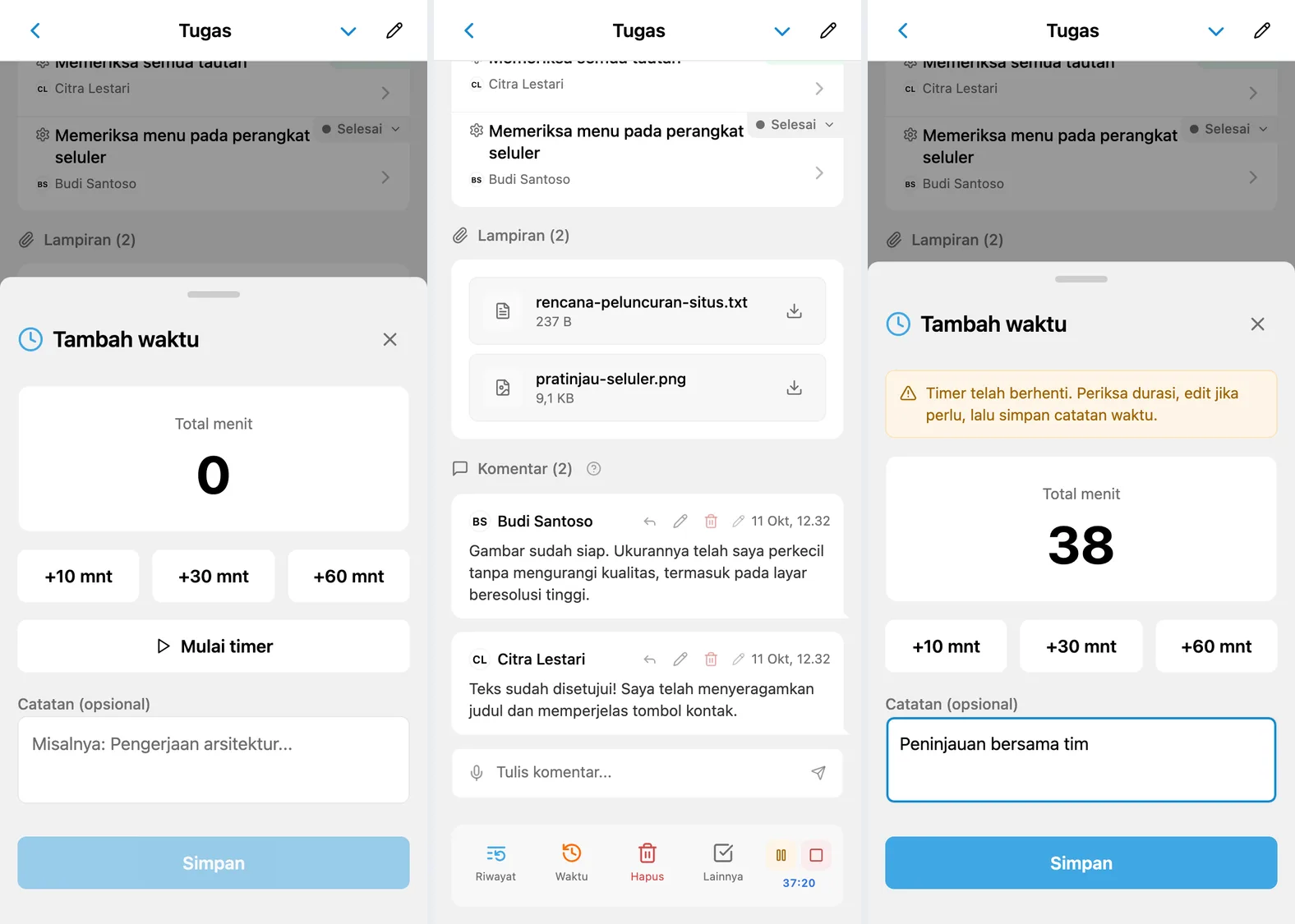 Memulai timer, kontrol pada kartu, dan menyimpan durasi