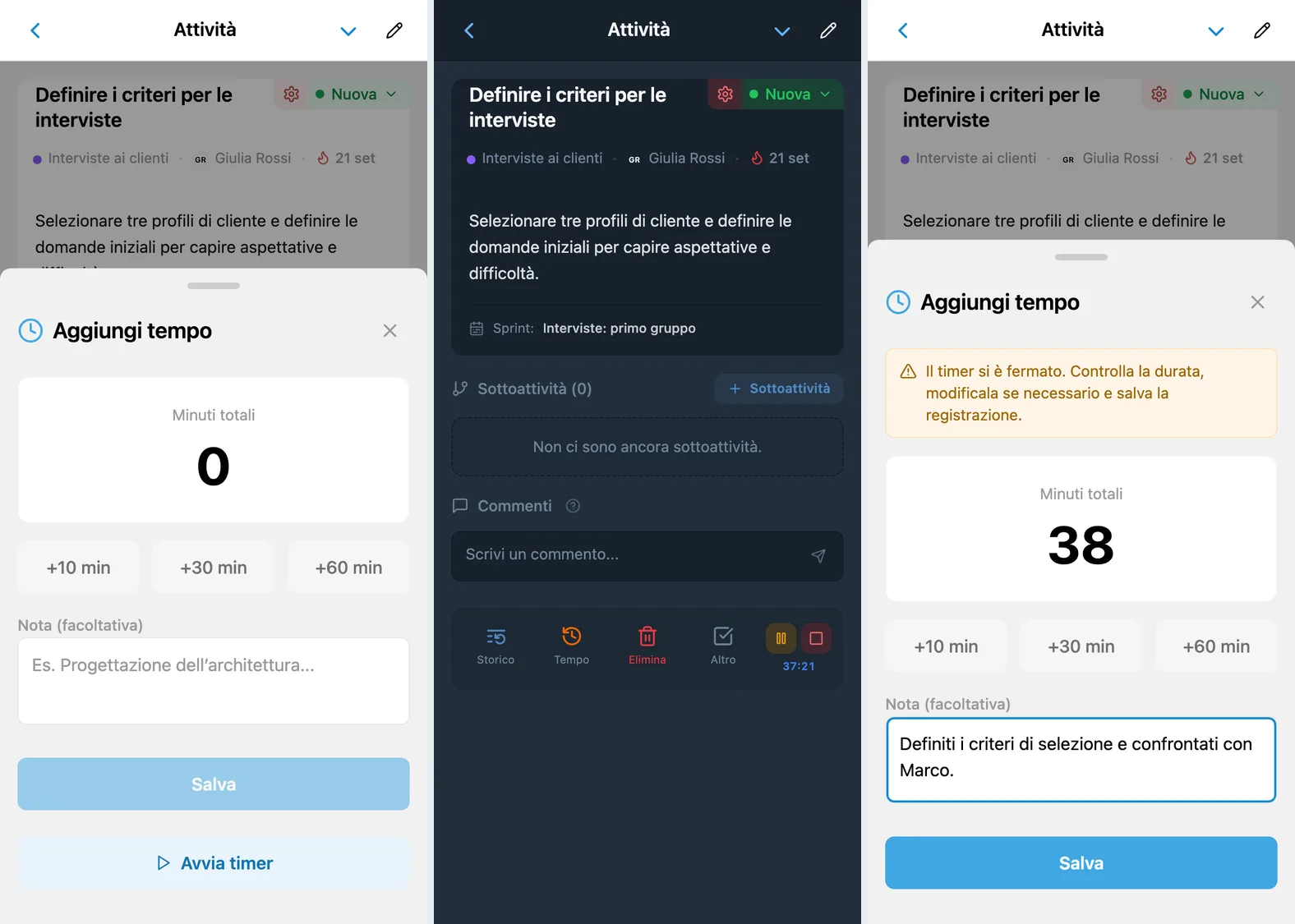 Timer delle attività iTasks: avvio dal modulo, comandi del timer attivo nella scheda dell’attività e salvataggio della durata calcolata