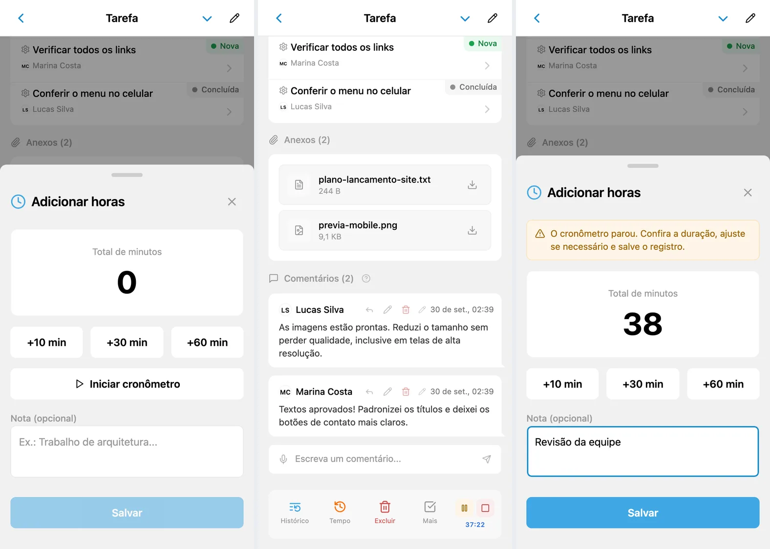 Cronômetro do iTasks: início pelo formulário, controles na tarefa e salvamento da duração calculada