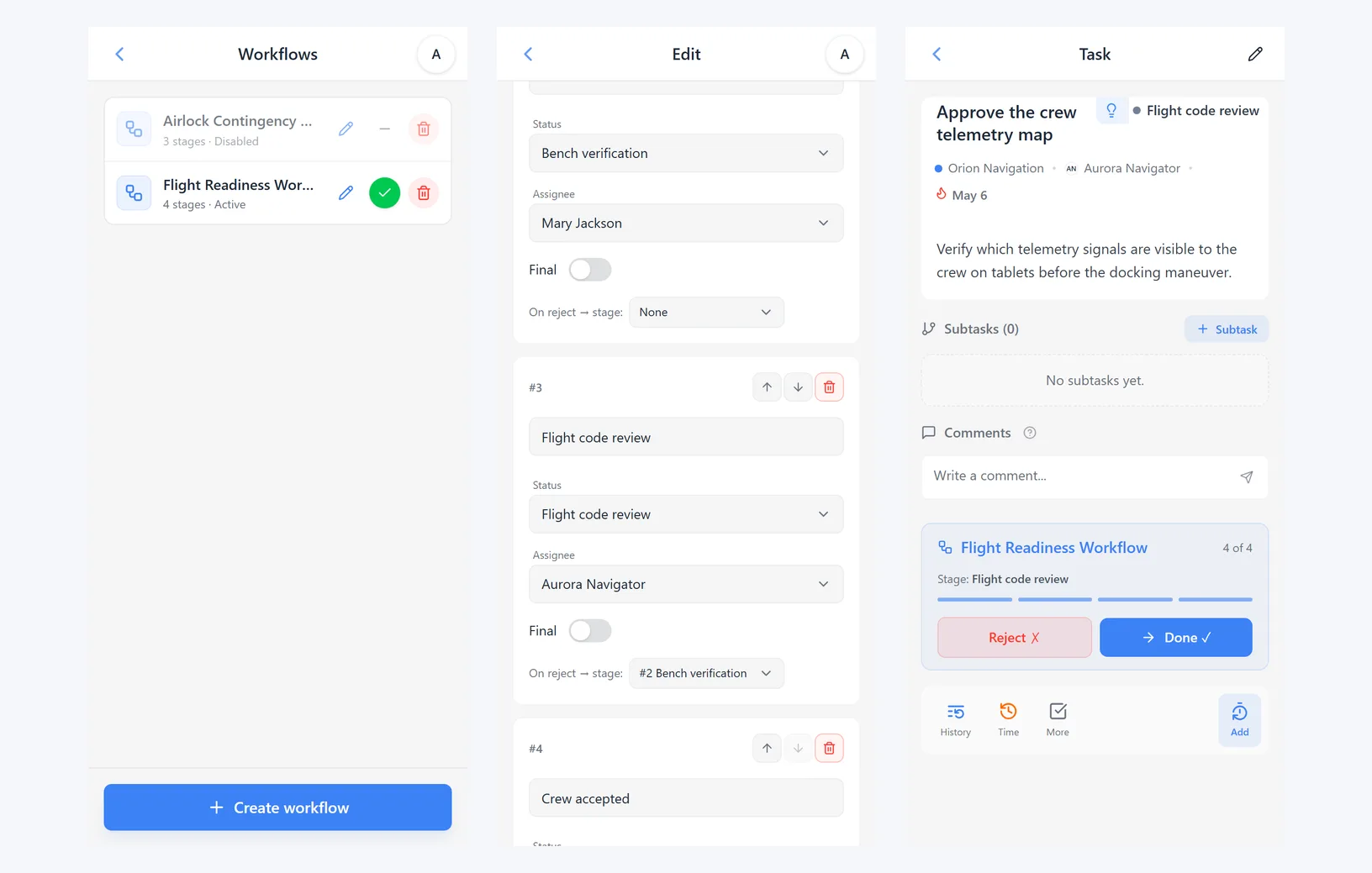 iTasks workflow list, workflow stage editor, and task card workflow controls