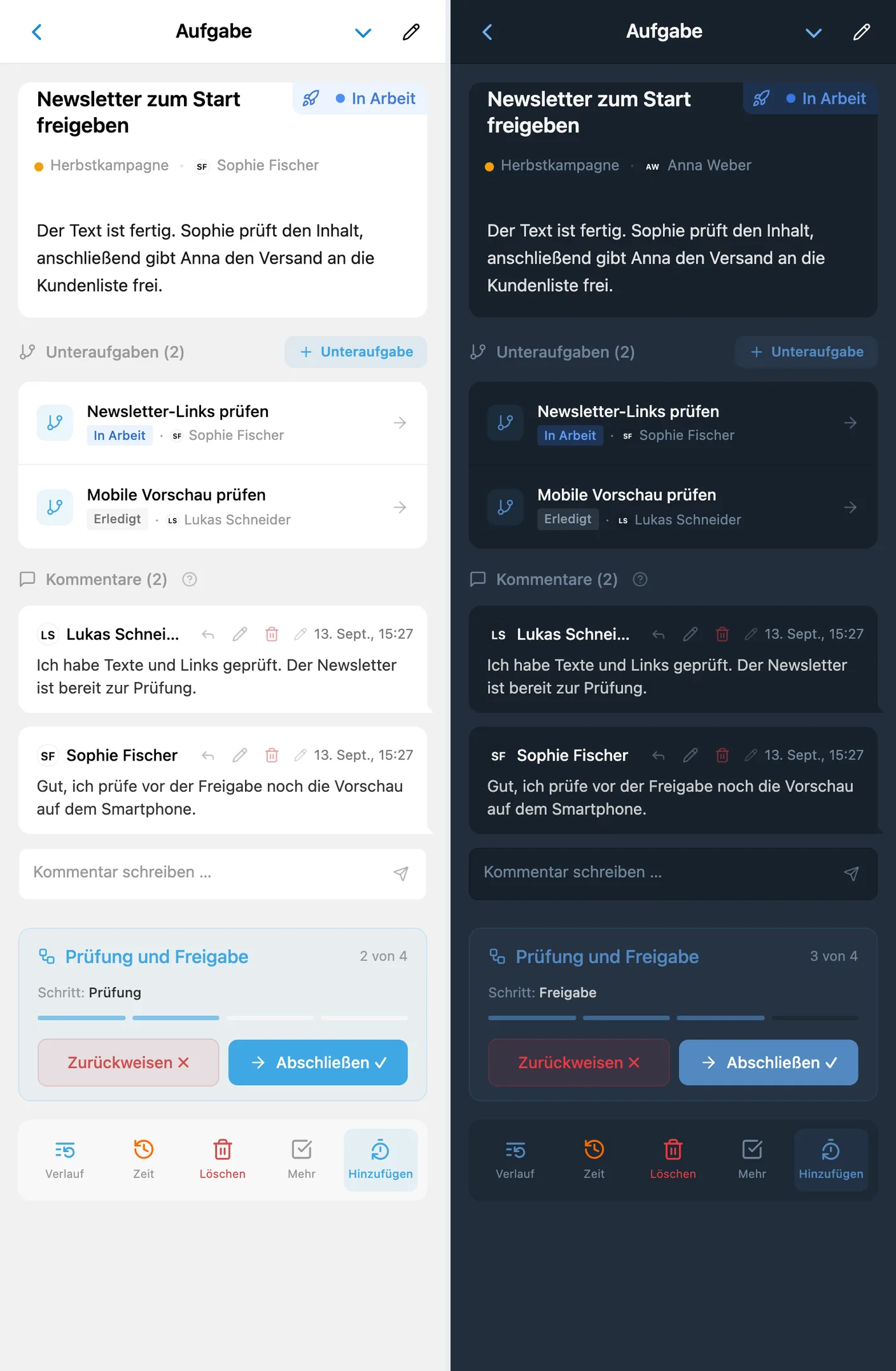 Dieselbe iTasks-Aufgabe vor und nach einer Übergabe: Sophie in der Prüfung, Anna in der Freigabe, Status „In Arbeit“ sowie Abschließen und Zurückweisen