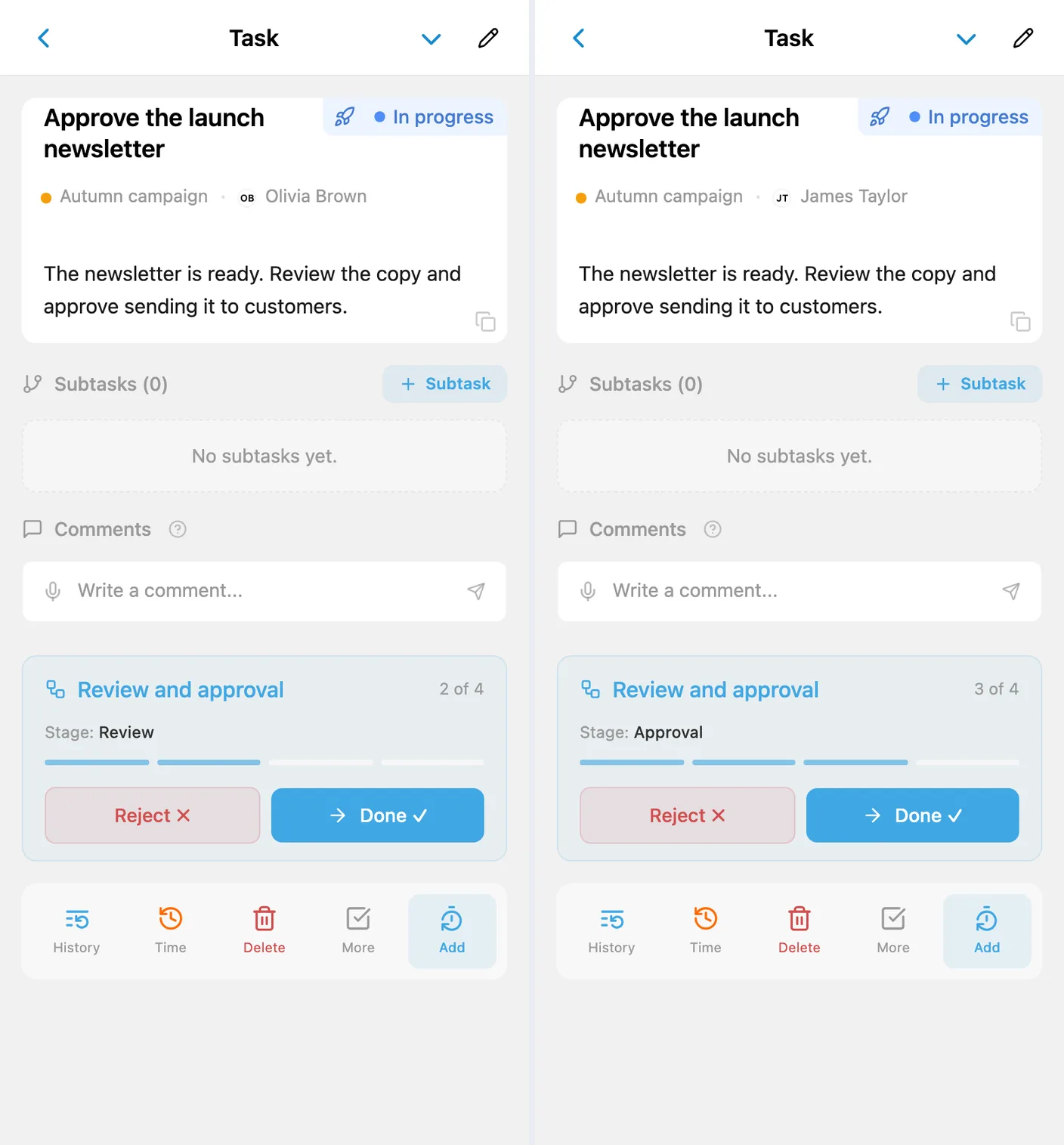 The same iTasks task before and after a handoff: Olivia at Review, James at Approval, the In progress status, and Done and Reject buttons