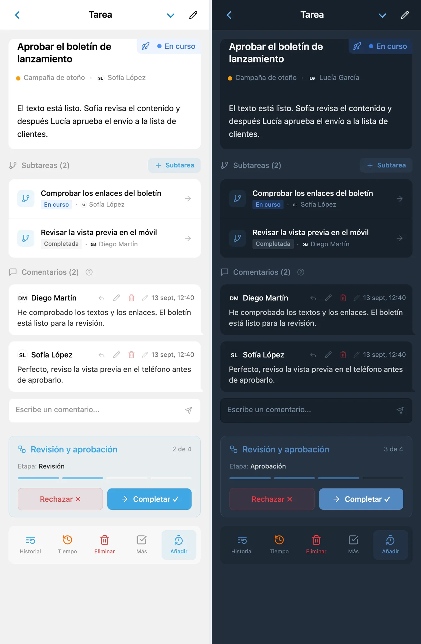 La misma tarea de iTasks antes y después del traspaso: Sofía en Revisión, Lucía en Aprobación, estado En curso y botones Completar y Rechazar