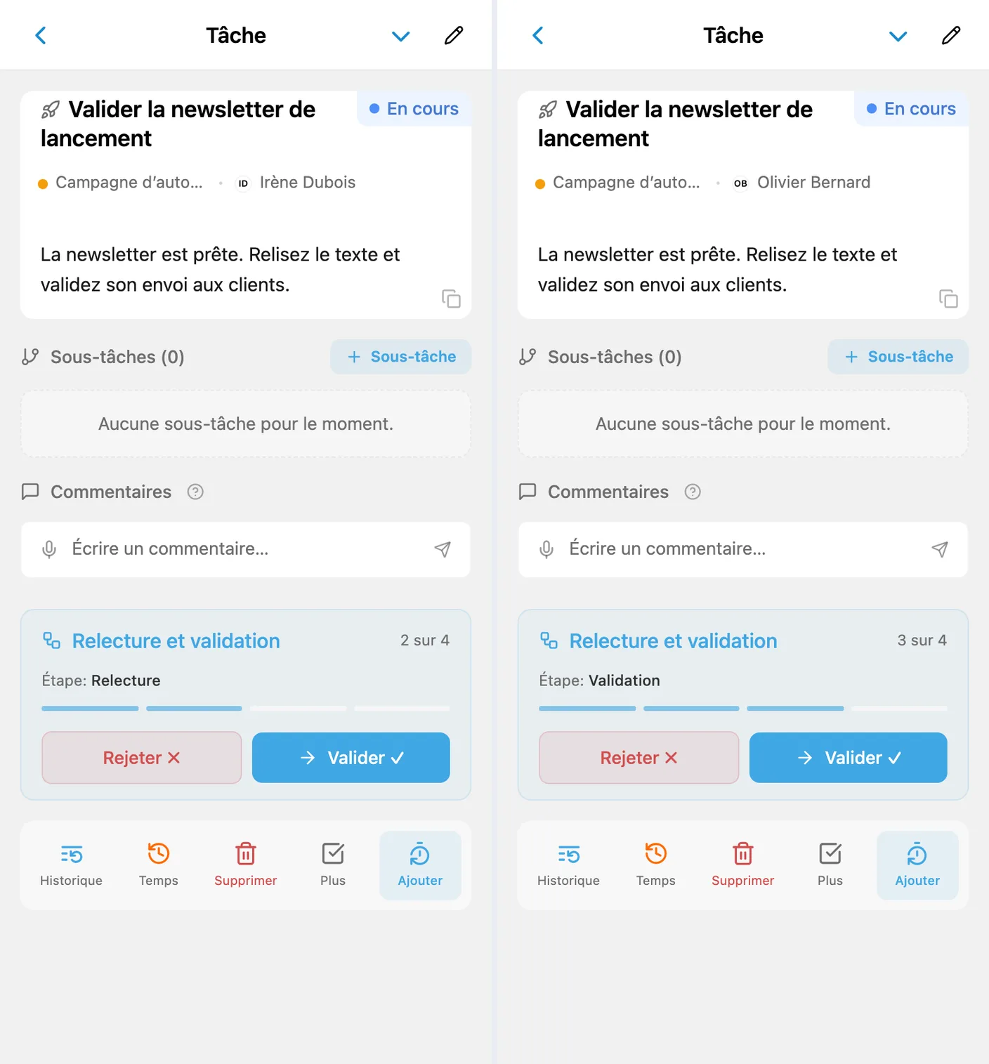Même tâche avant et après transmission : Irène en Relecture puis Olivier en Validation, statut En cours et actions Valider et Rejeter