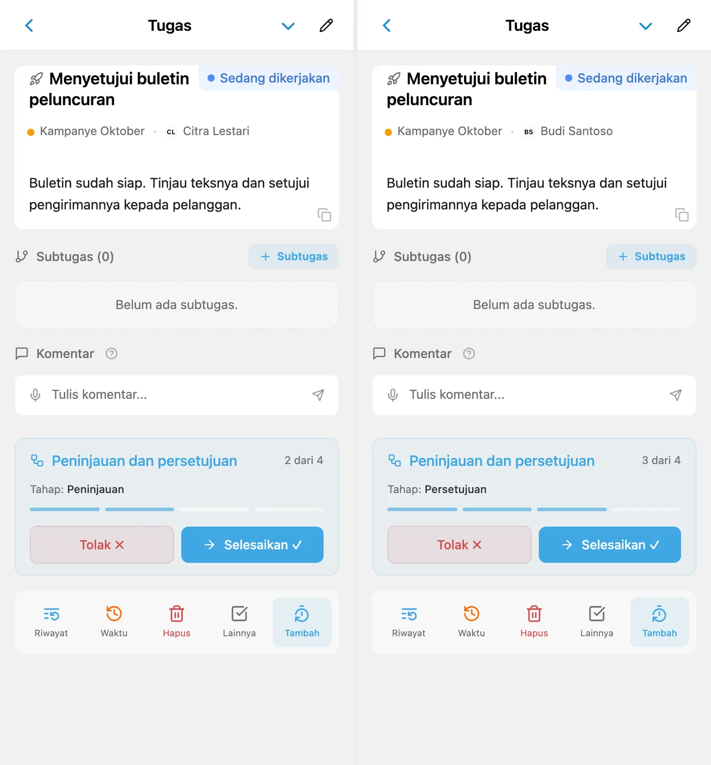 Tugas yang sama sebelum dan setelah serah terima: tahap serta penanggung jawab berubah, status tetap sama