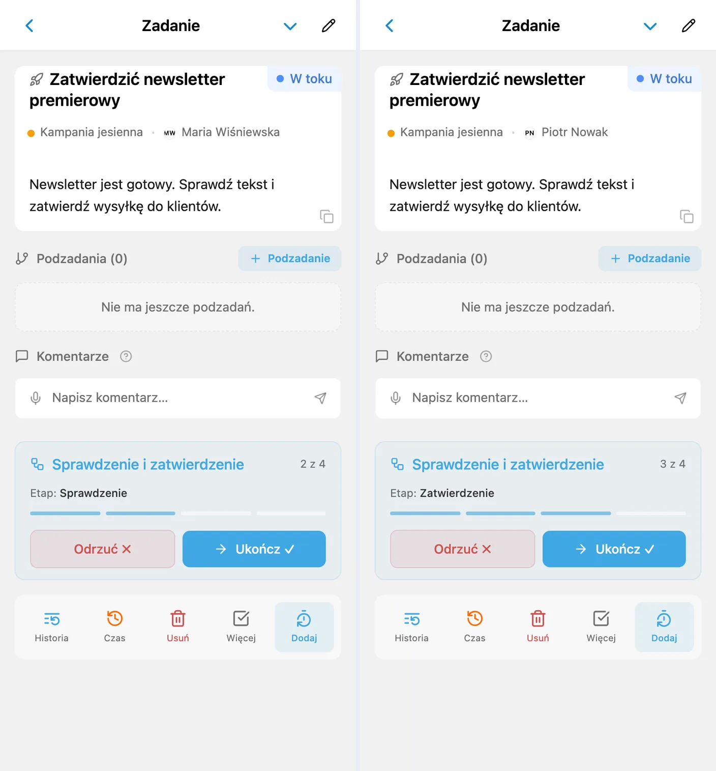 To samo zadanie przed i po przekazaniu: Maria na etapie Sprawdzenie i Piotr na etapie Zatwierdzenie, status W toku oraz działania Ukończ i Odrzuć
