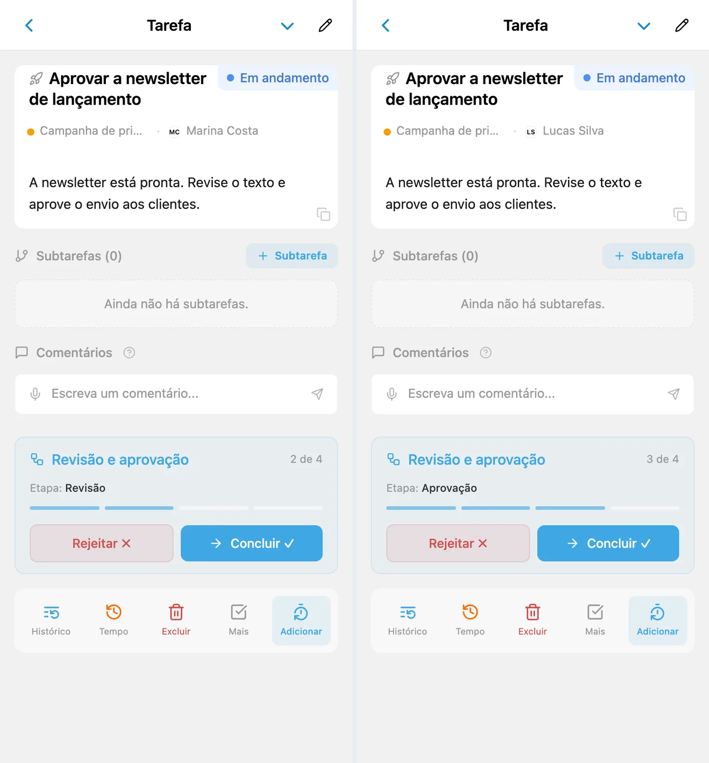 A mesma tarefa antes e depois da transferência: Marina na Revisão, Lucas na Aprovação, status Em andamento e botões Concluir e Rejeitar