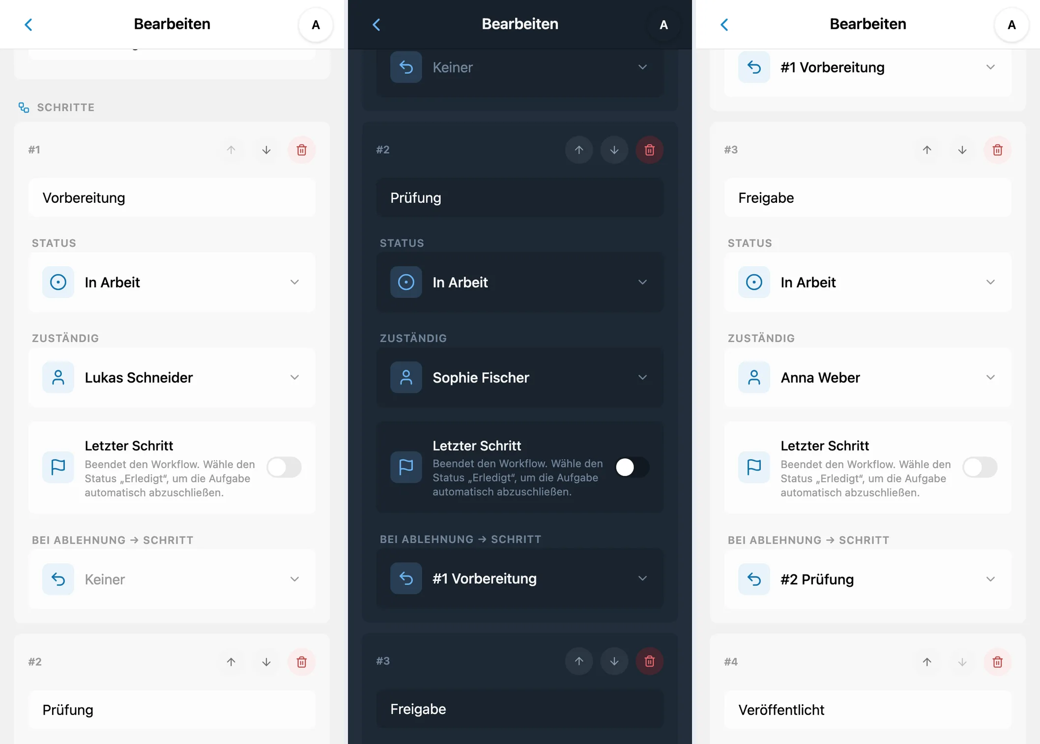 Workflow in iTasks erstellen: Vorbereitung, Prüfung und Freigabe verwenden „In Arbeit“ mit unterschiedlichen Verantwortlichen und festgelegten Rückwegen