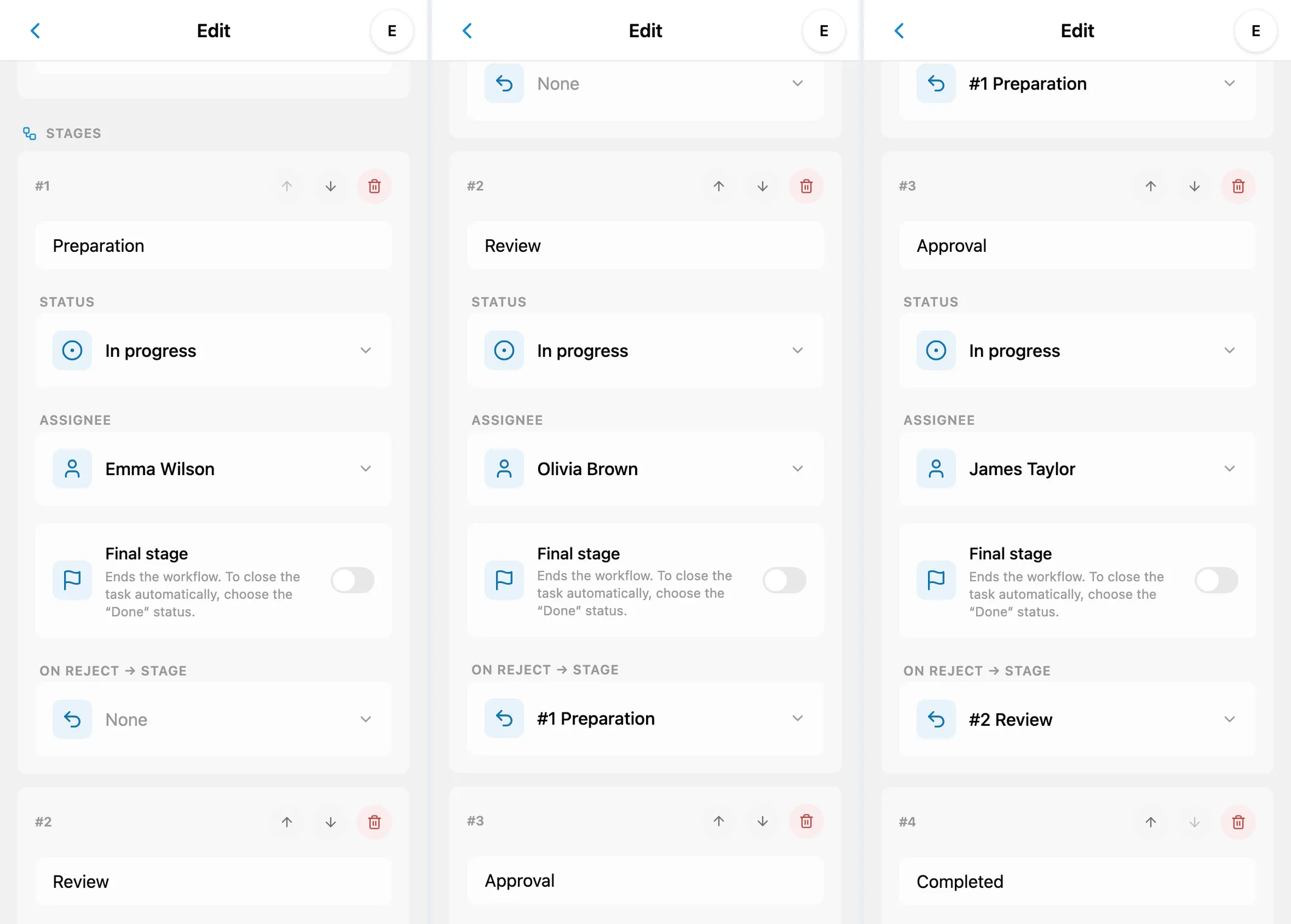 Creating an iTasks workflow: Preparation, Review, and Approval share the In progress status with different assignees and configured return routes