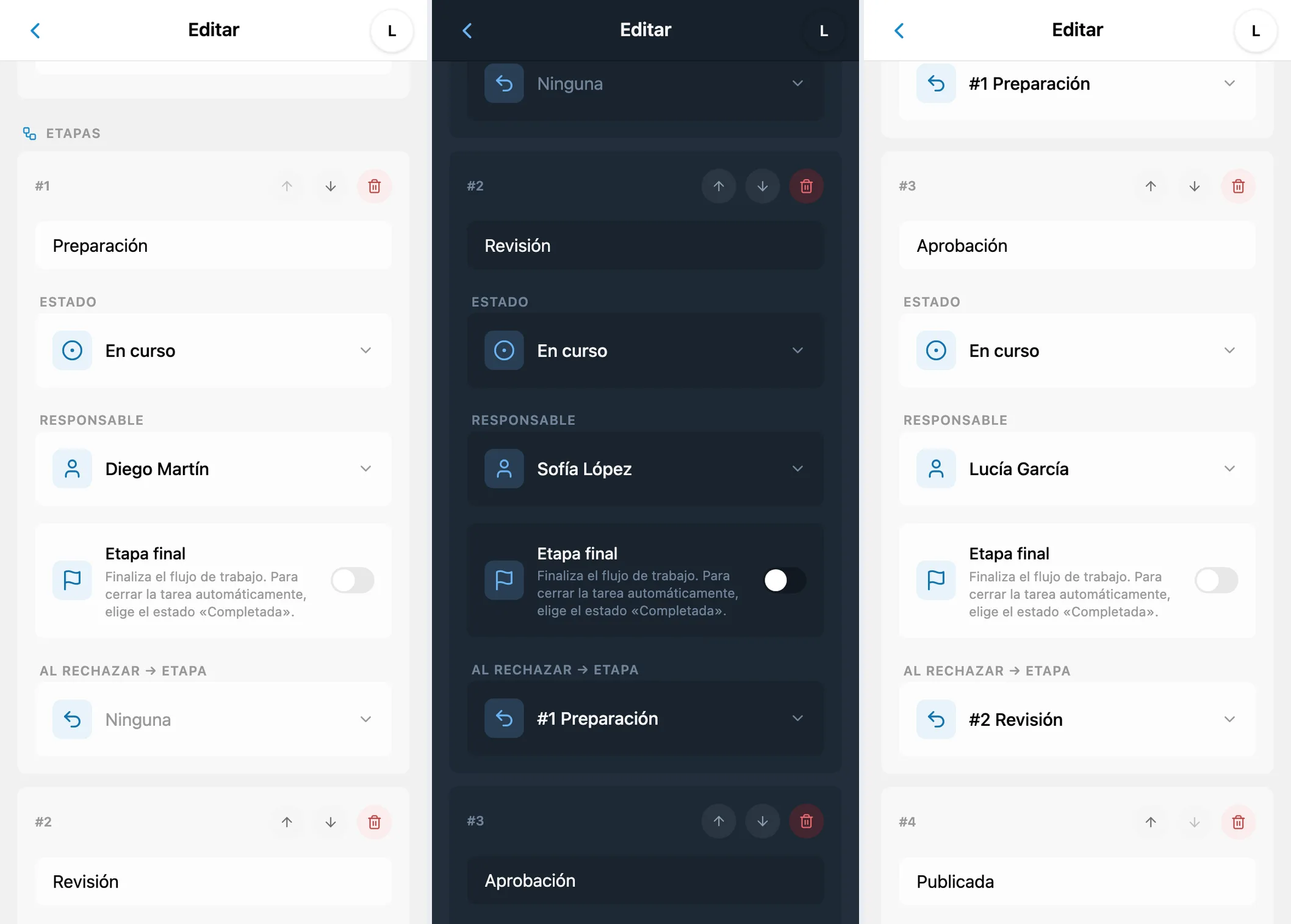 Creación de un flujo de iTasks: Preparación, Revisión y Aprobación comparten el estado En curso, con distintos responsables y rutas de retorno