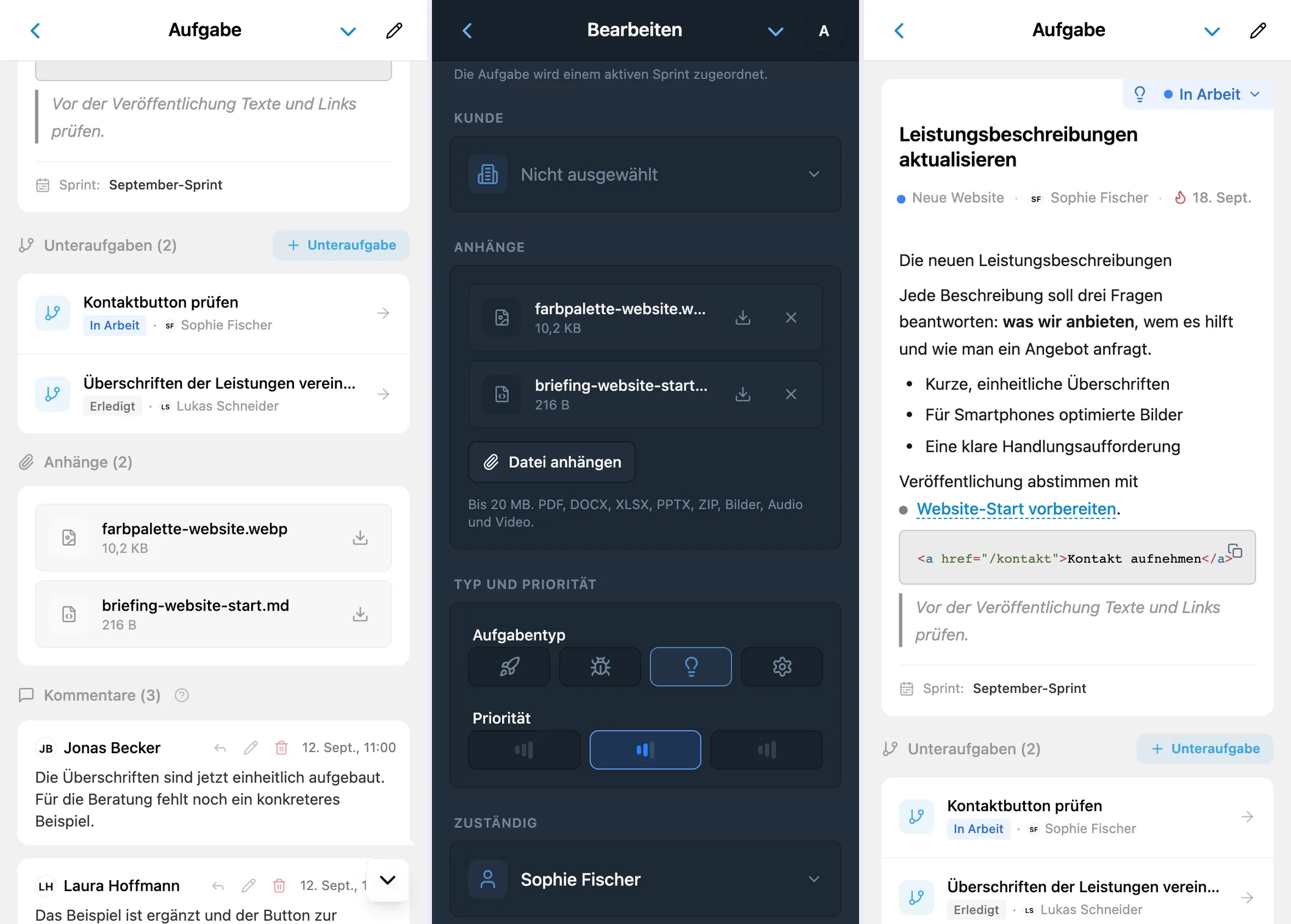 Anhänge und Formatierung in iTasks: Dateiliste, Anhänge im Bearbeitungsmodus und Beschreibung mit Codeblock