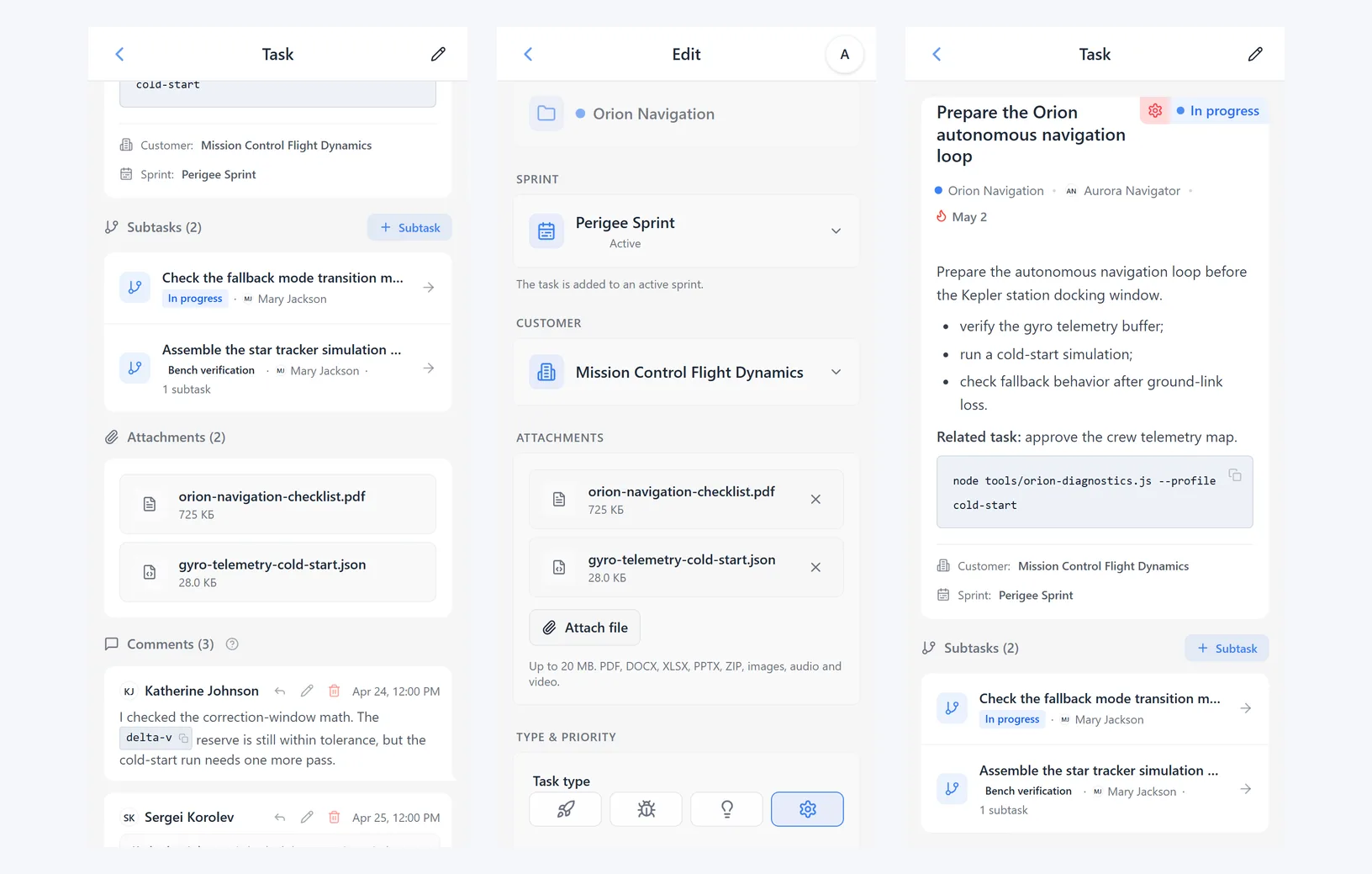 iTasks attachments and formatting: file list in task details, attachments in edit mode, and formatted description with a code block