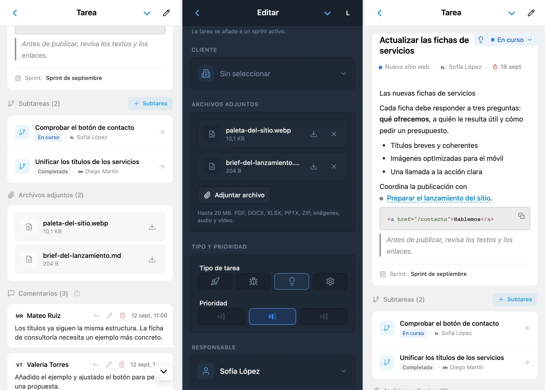 Archivos y formato en iTasks: lista de archivos en la ficha, adjuntos en edición y descripción con un bloque de código