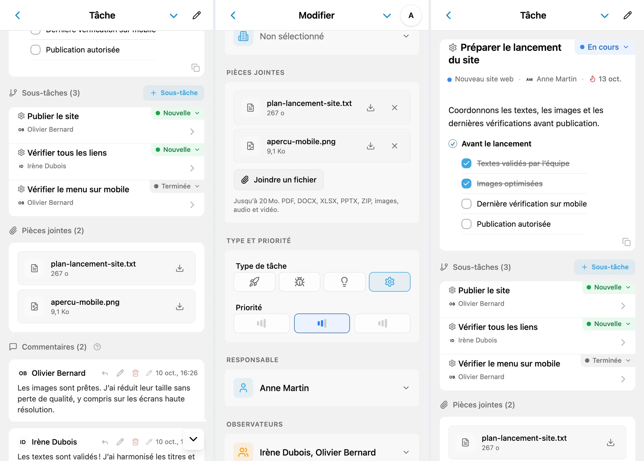 Fichiers dans la fiche iTasks, pièces jointes en modification et description avec bloc de code