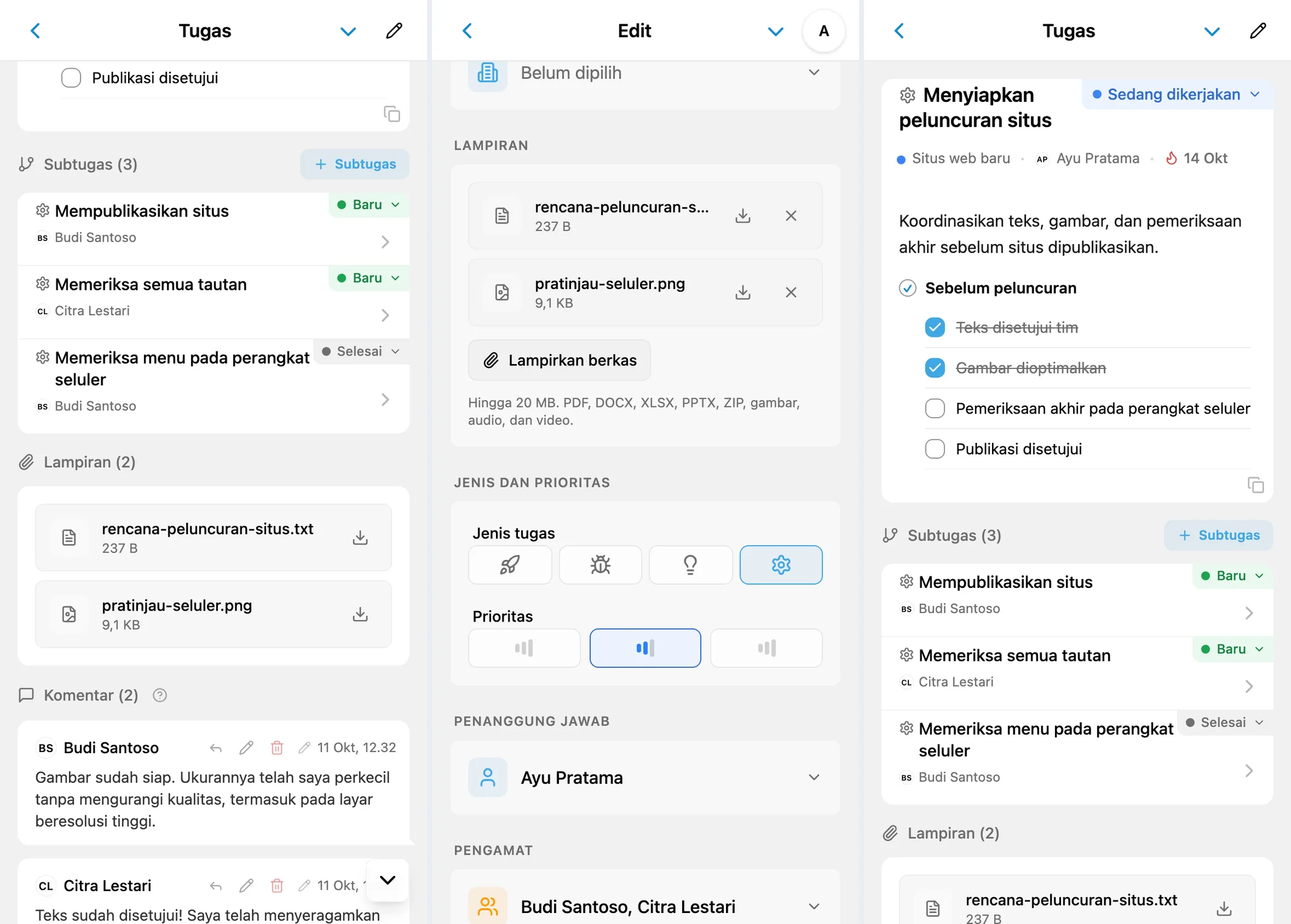 Berkas pada kartu iTasks, lampiran saat mengedit, dan deskripsi dengan blok kode