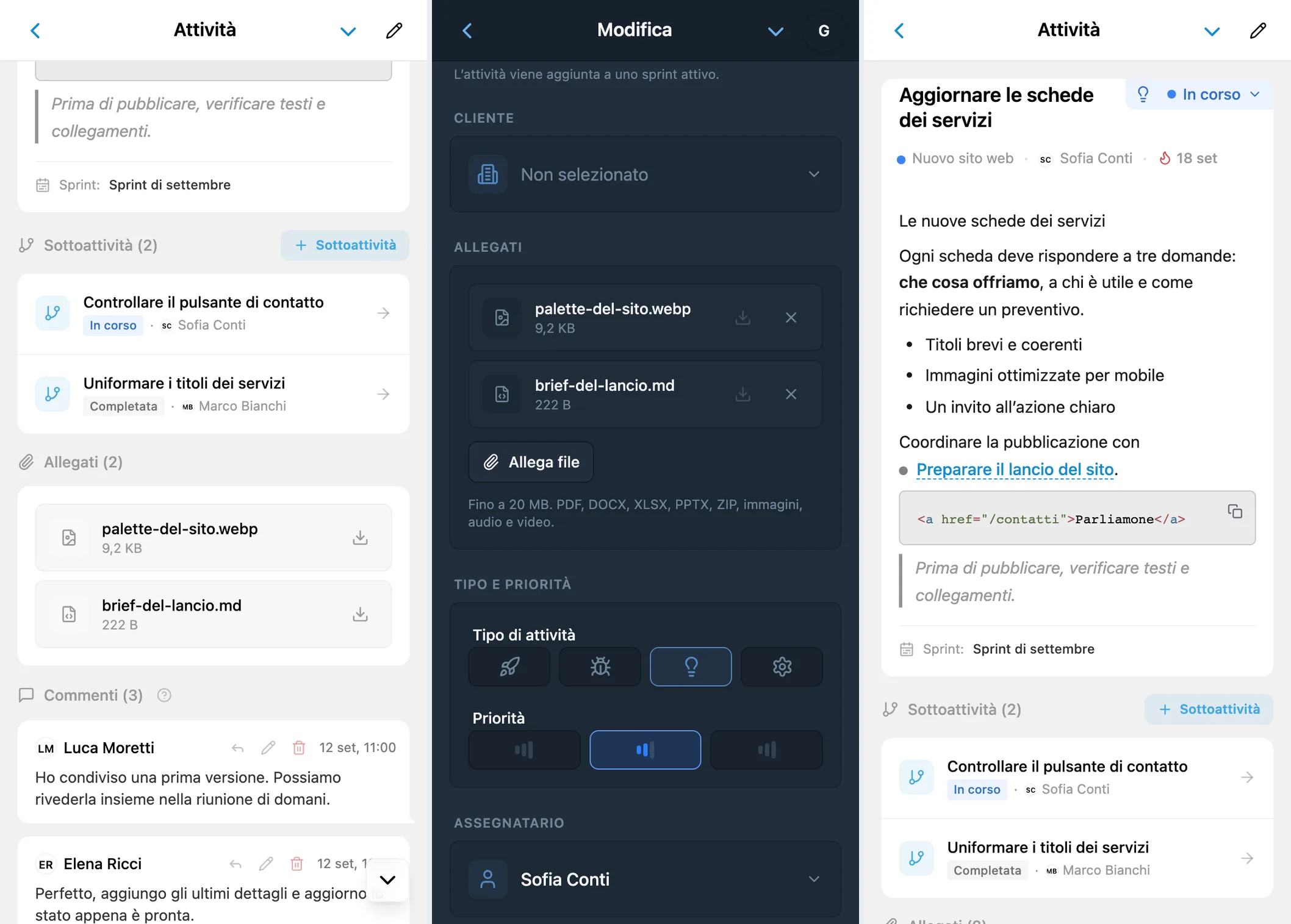 Allegati e formattazione in iTasks: elenco dei file nei dettagli, allegati in modifica e descrizione con un blocco di codice