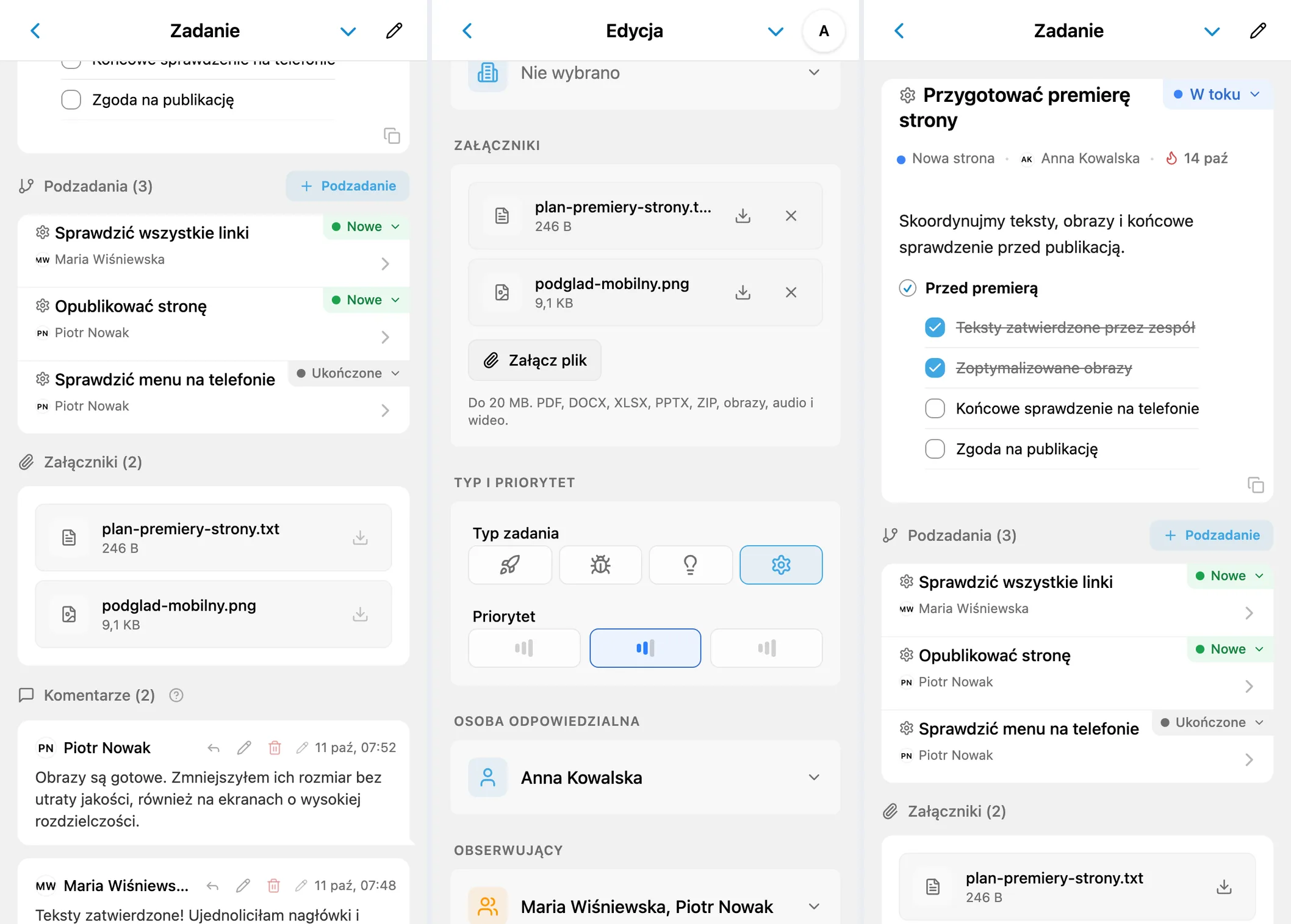 Pliki na karcie iTasks, załączniki w edycji i opis z blokiem kodu