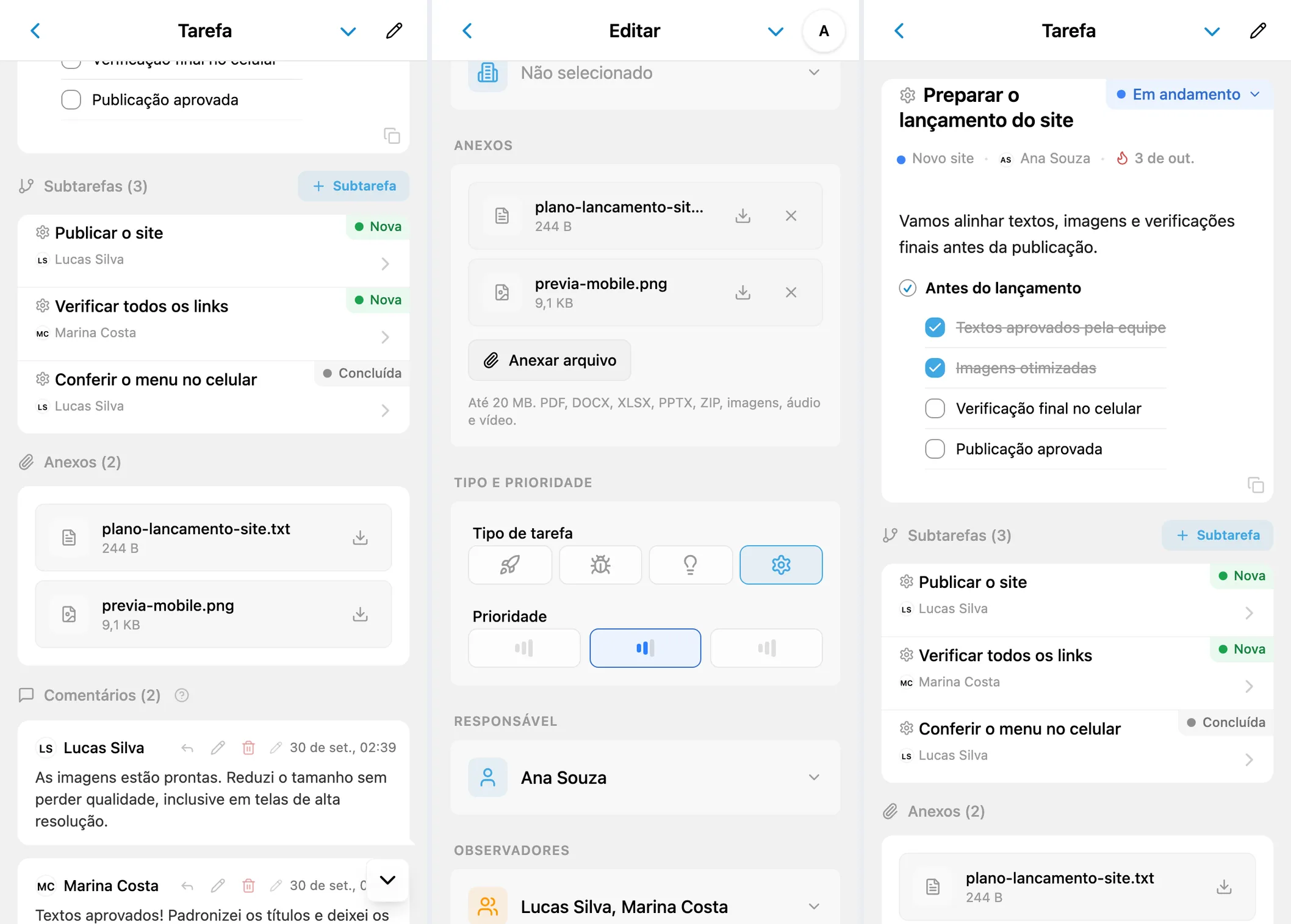Anexos e formatação do iTasks: lista de arquivos, anexos na edição e descrição formatada com bloco de código