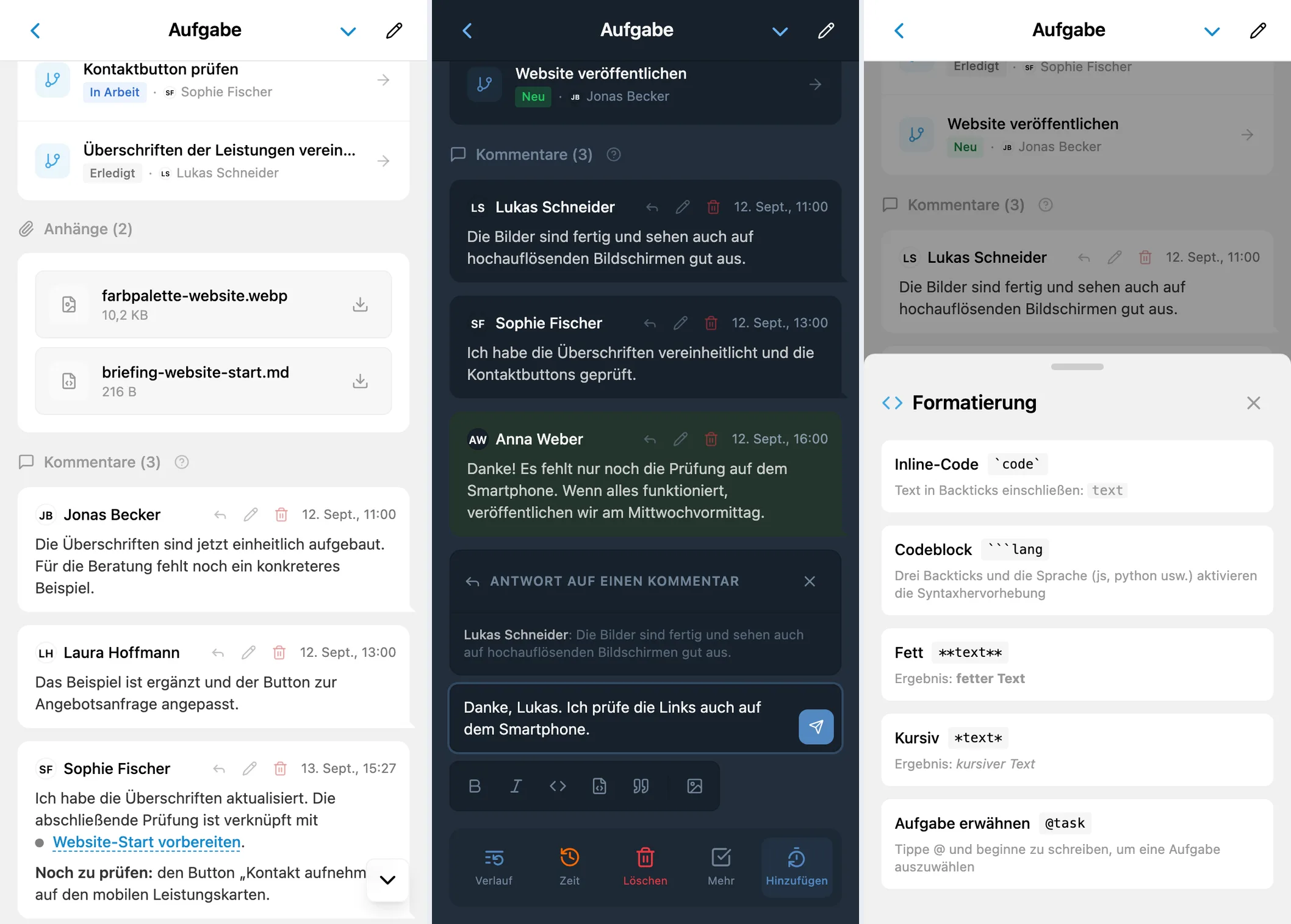 Kommentare in iTasks: Diskussion, zitierte Antwort und Formatierungshilfe mit Hinweisen zu Aufgabenerwähnungen