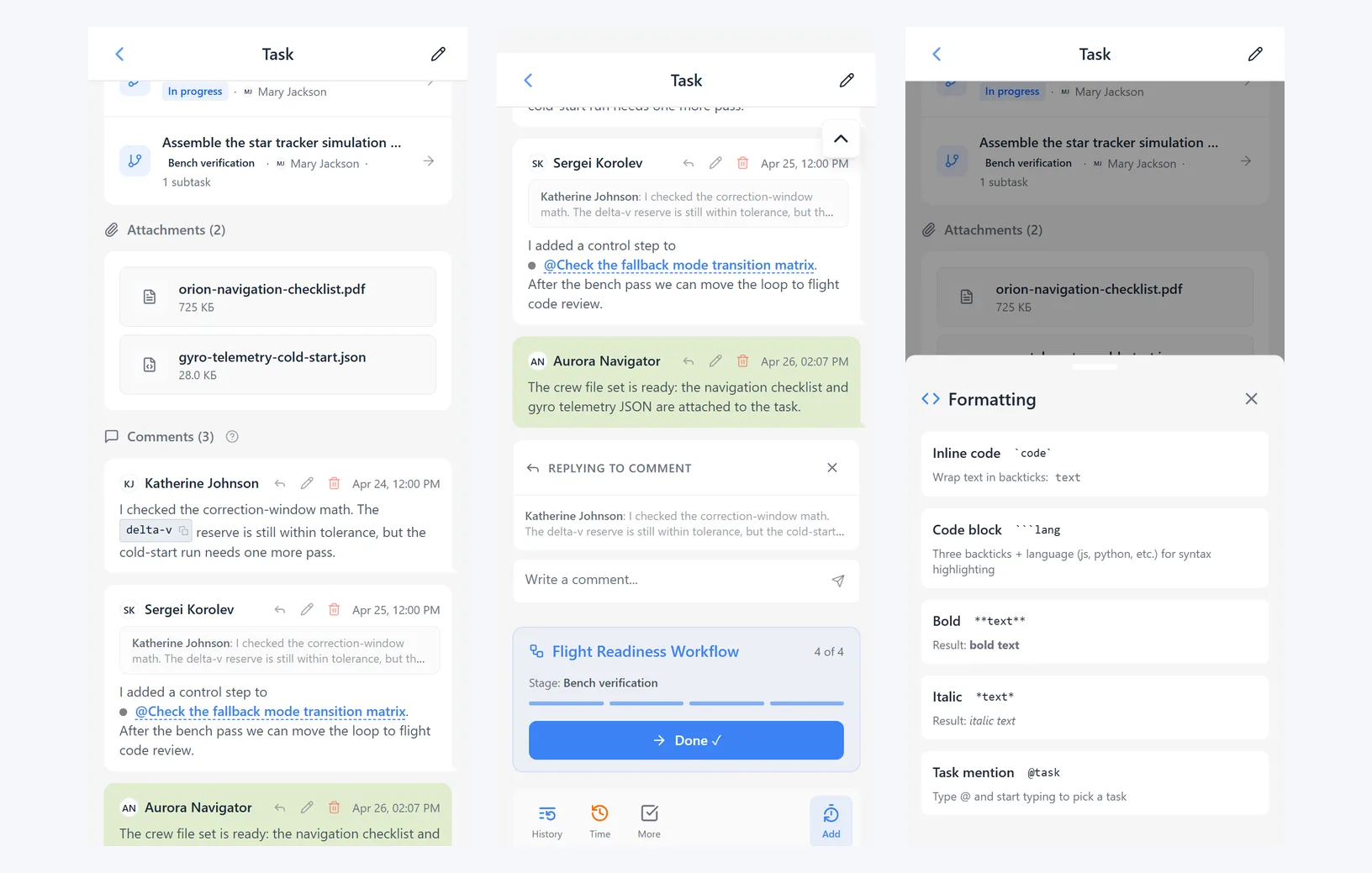iTasks comments: discussion list, quoted reply, and formatting help with task mention guidance