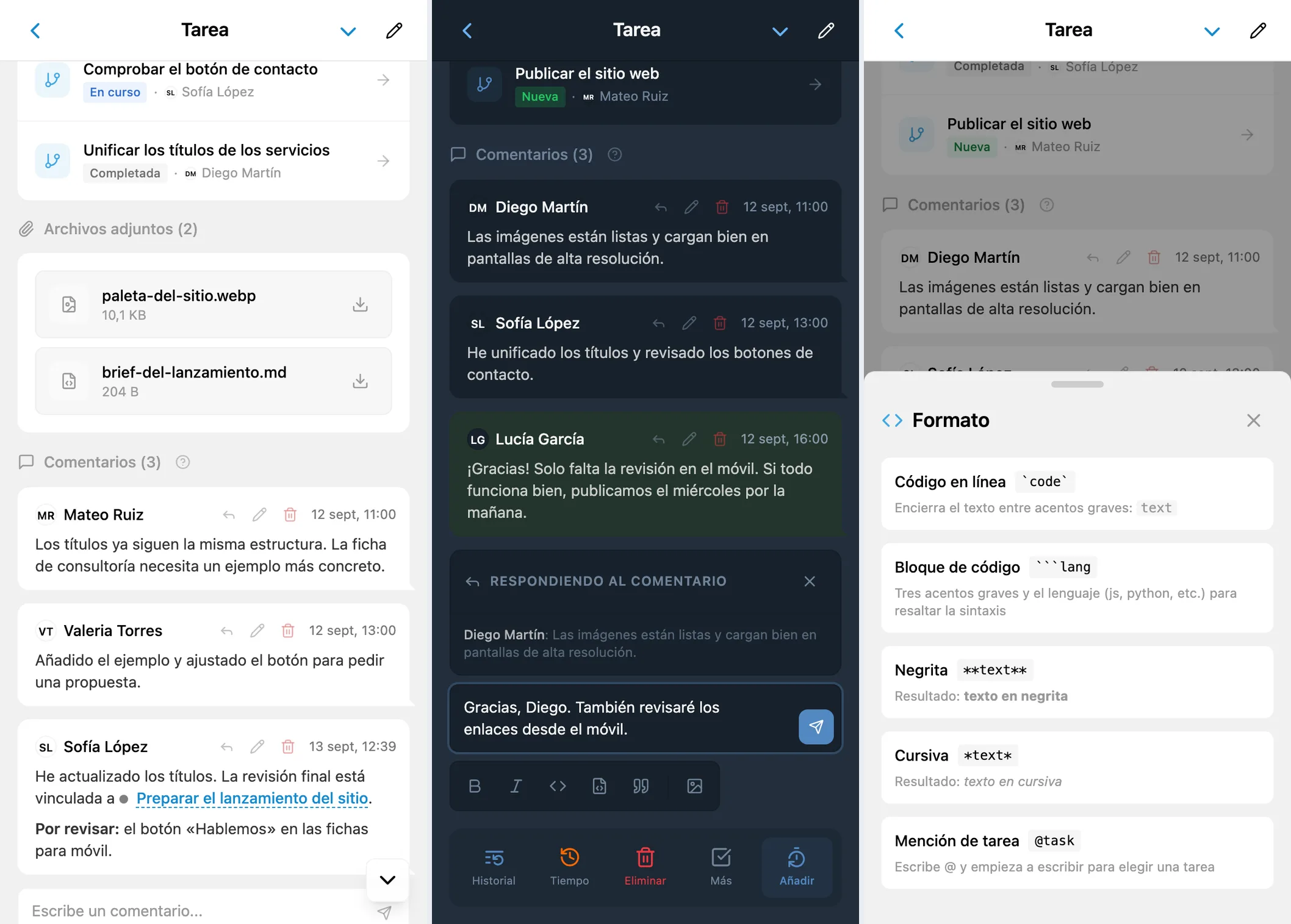 Comentarios de iTasks: conversación, respuesta con cita y ayuda de formato con indicaciones para mencionar tareas