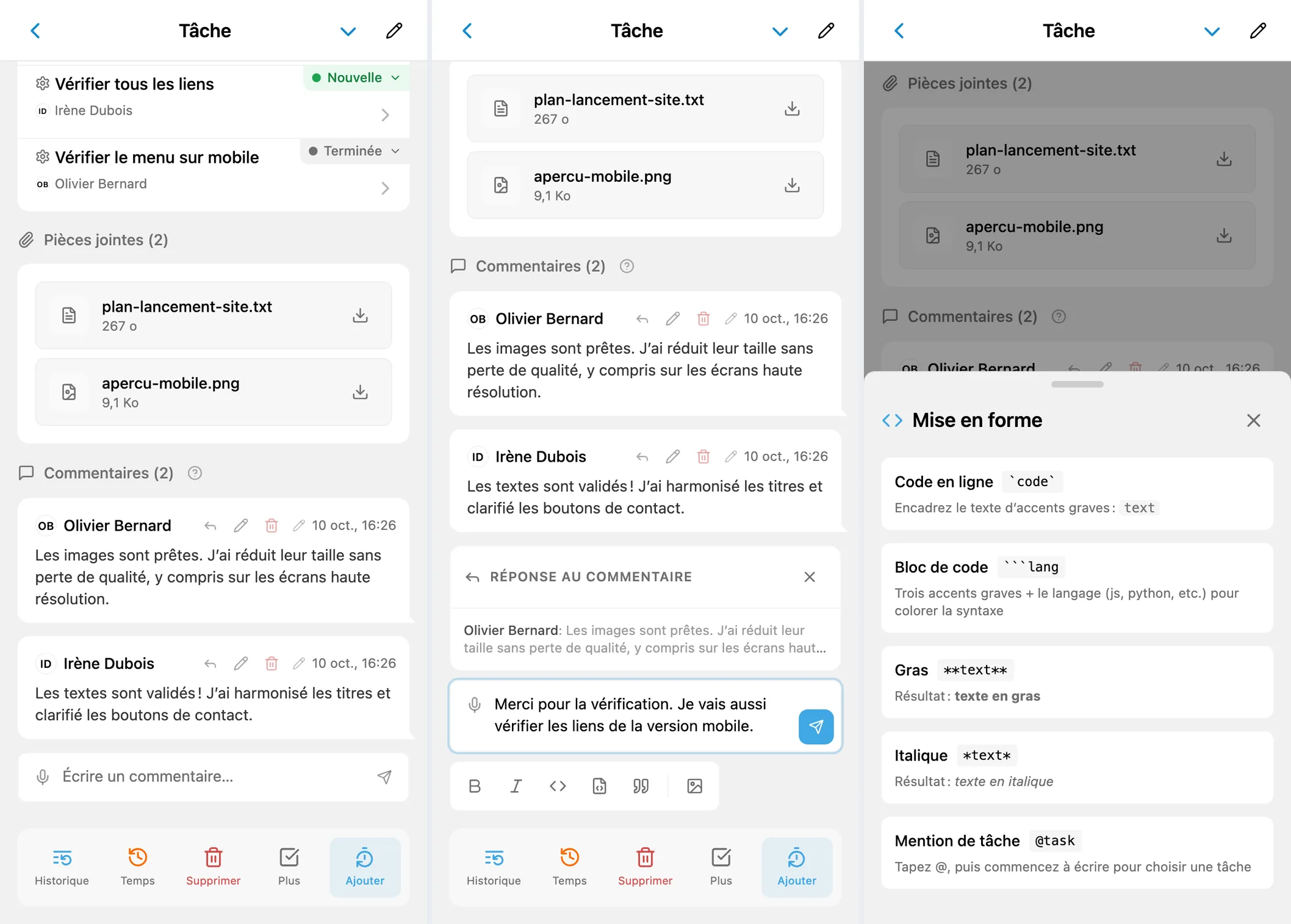 Commentaires iTasks, réponse avec citation et aide de mise en forme et de mentions