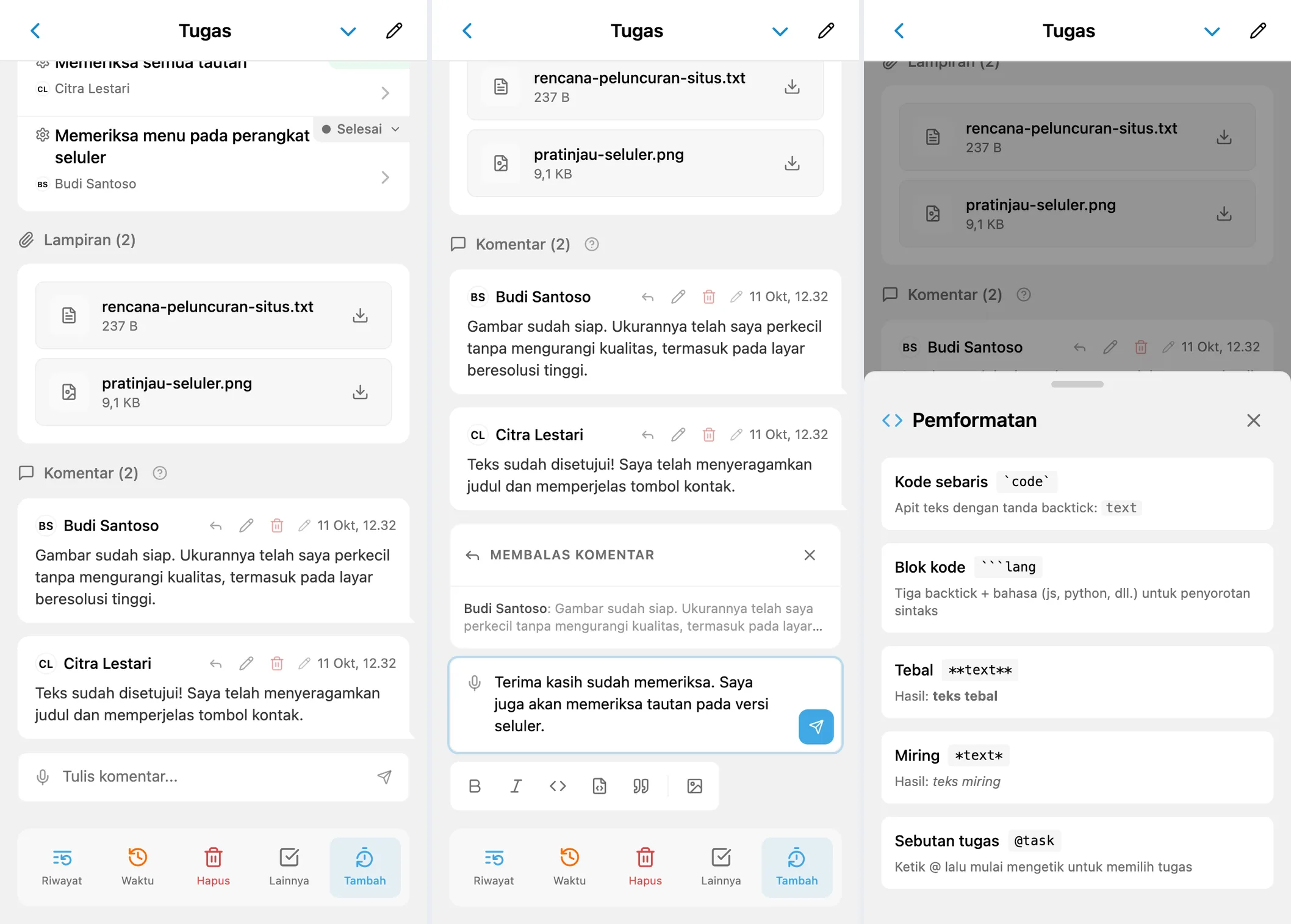 Komentar iTasks, balasan dengan kutipan, serta bantuan pemformatan dan penyebutan