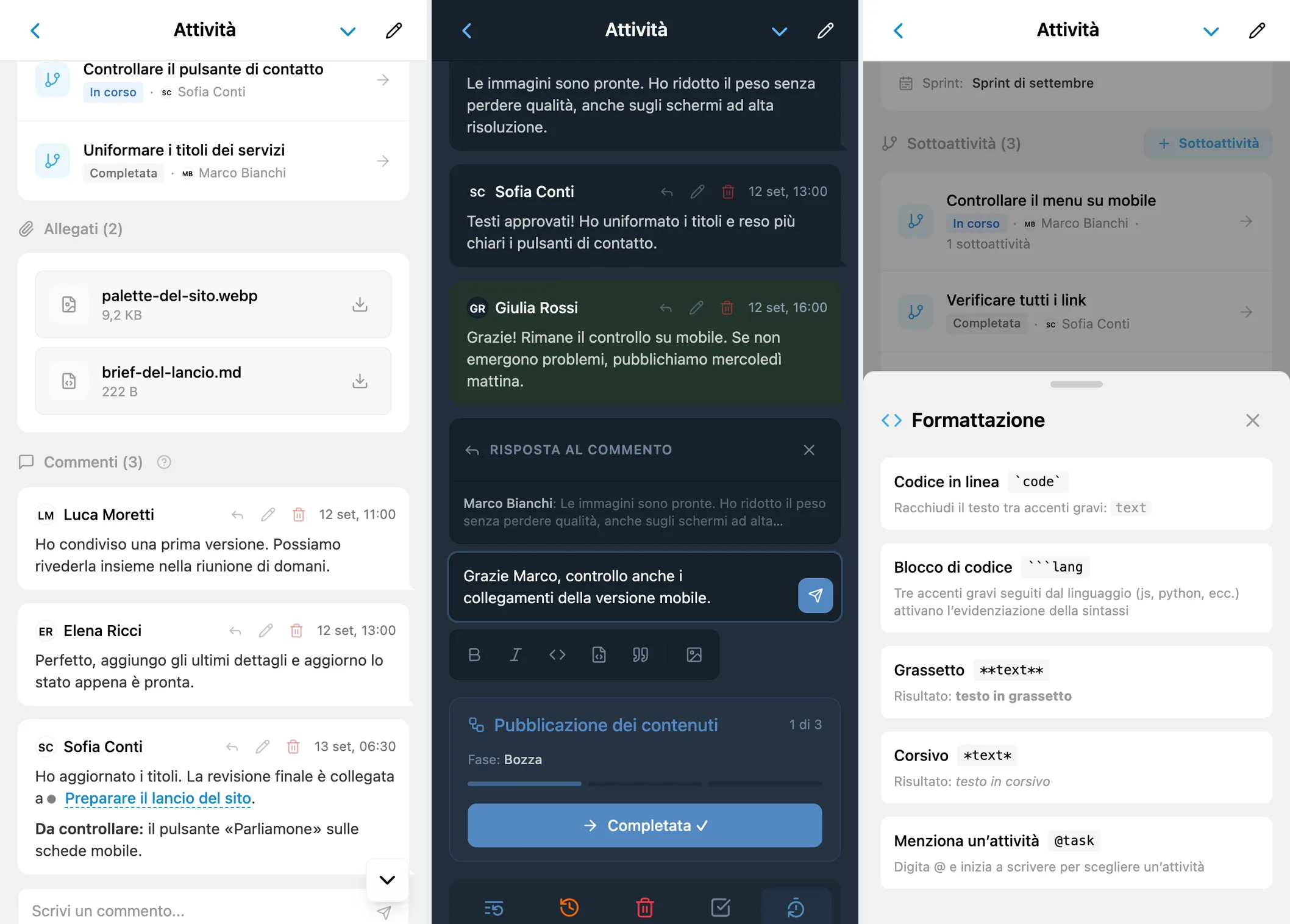 Commenti in iTasks: discussione, risposta con citazione e guida alla formattazione con indicazioni sulle menzioni delle attività