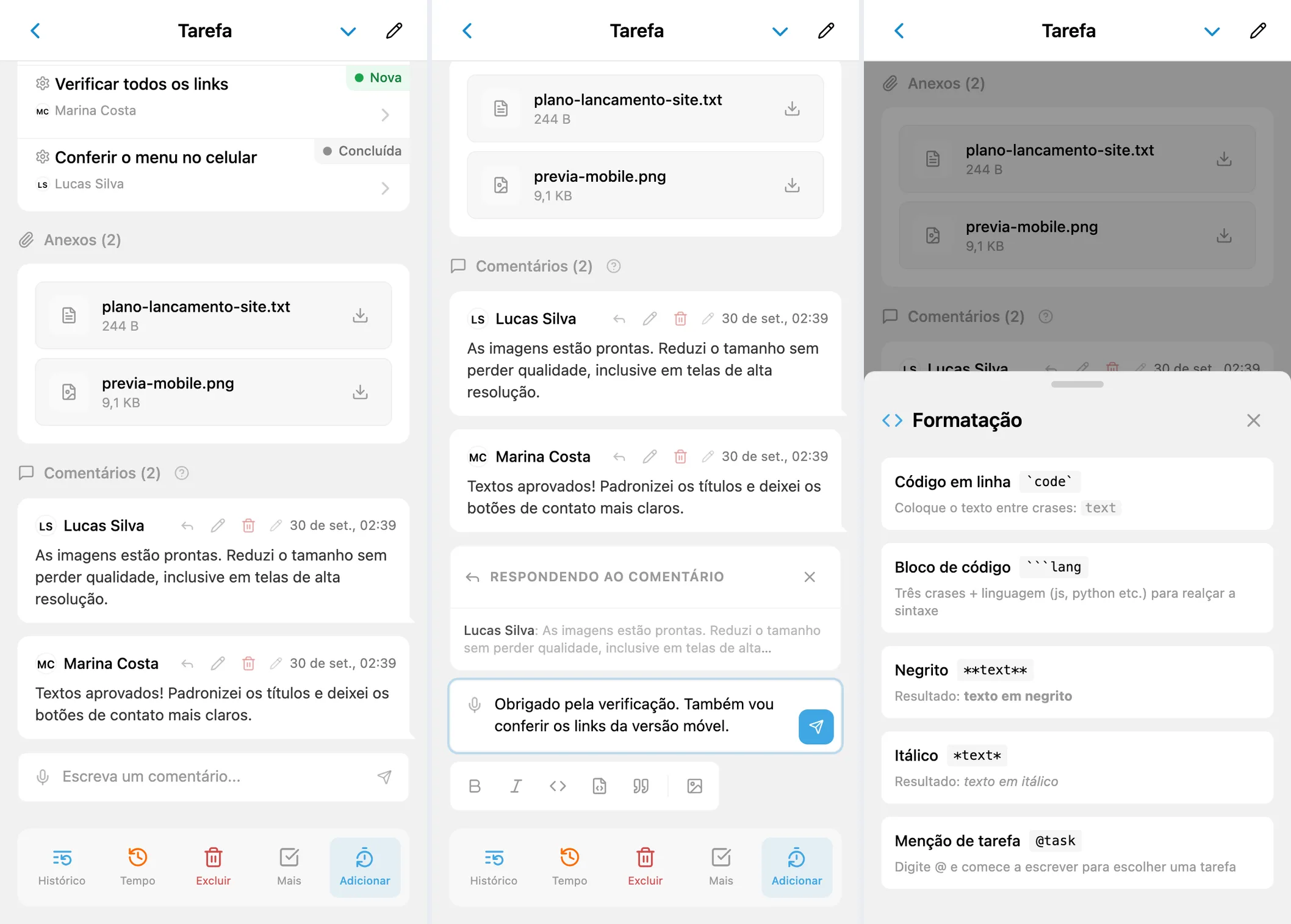 Comentários do iTasks: discussão, resposta com citação e ajuda de formatação com instruções de menção a tarefas