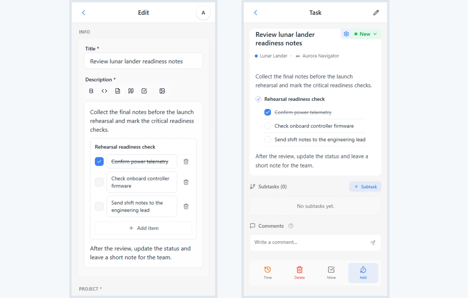 Checklist inside an iTasks task description: editing the block in the form and a partially checked checklist in task details