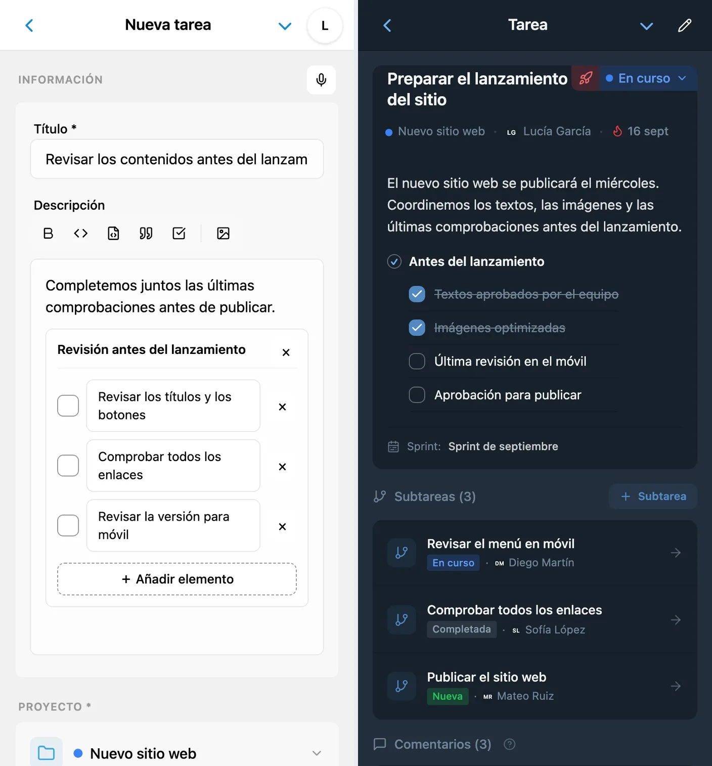 Edición de una lista de verificación en el formulario y lista parcialmente completada en la ficha