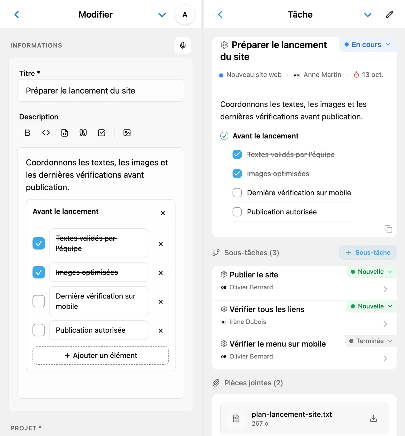 Liste de contrôle en modification et liste partiellement cochée dans la fiche
