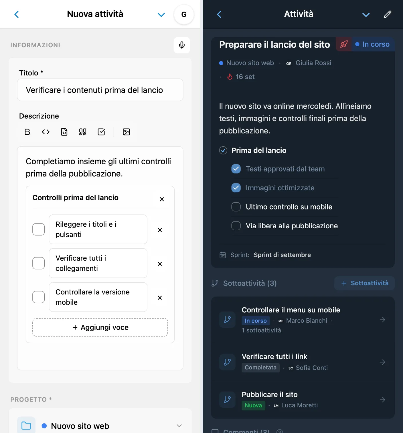 Checklist nella descrizione di un’attività iTasks: modifica delle voci nel modulo e checklist parzialmente completata nei dettagli