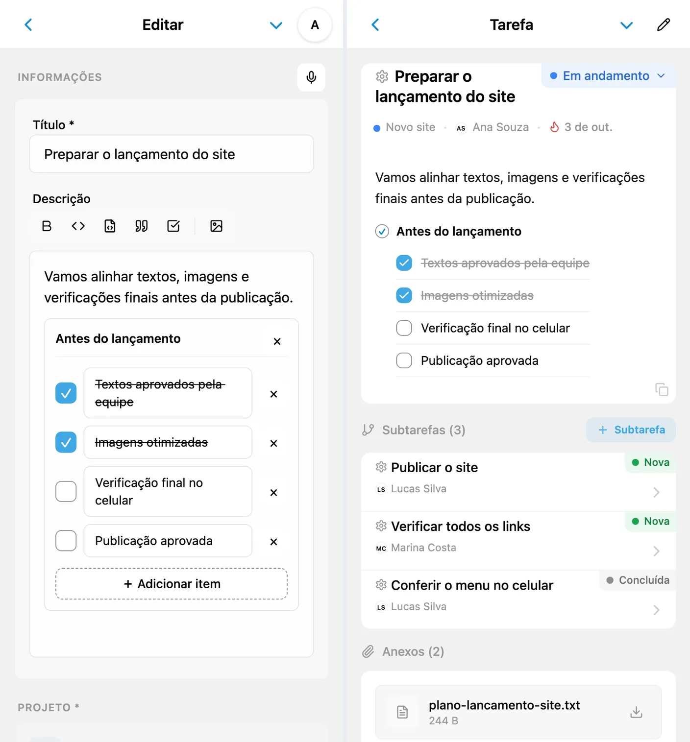 Edição de checklist no formulário e checklist parcialmente concluído nos detalhes da tarefa