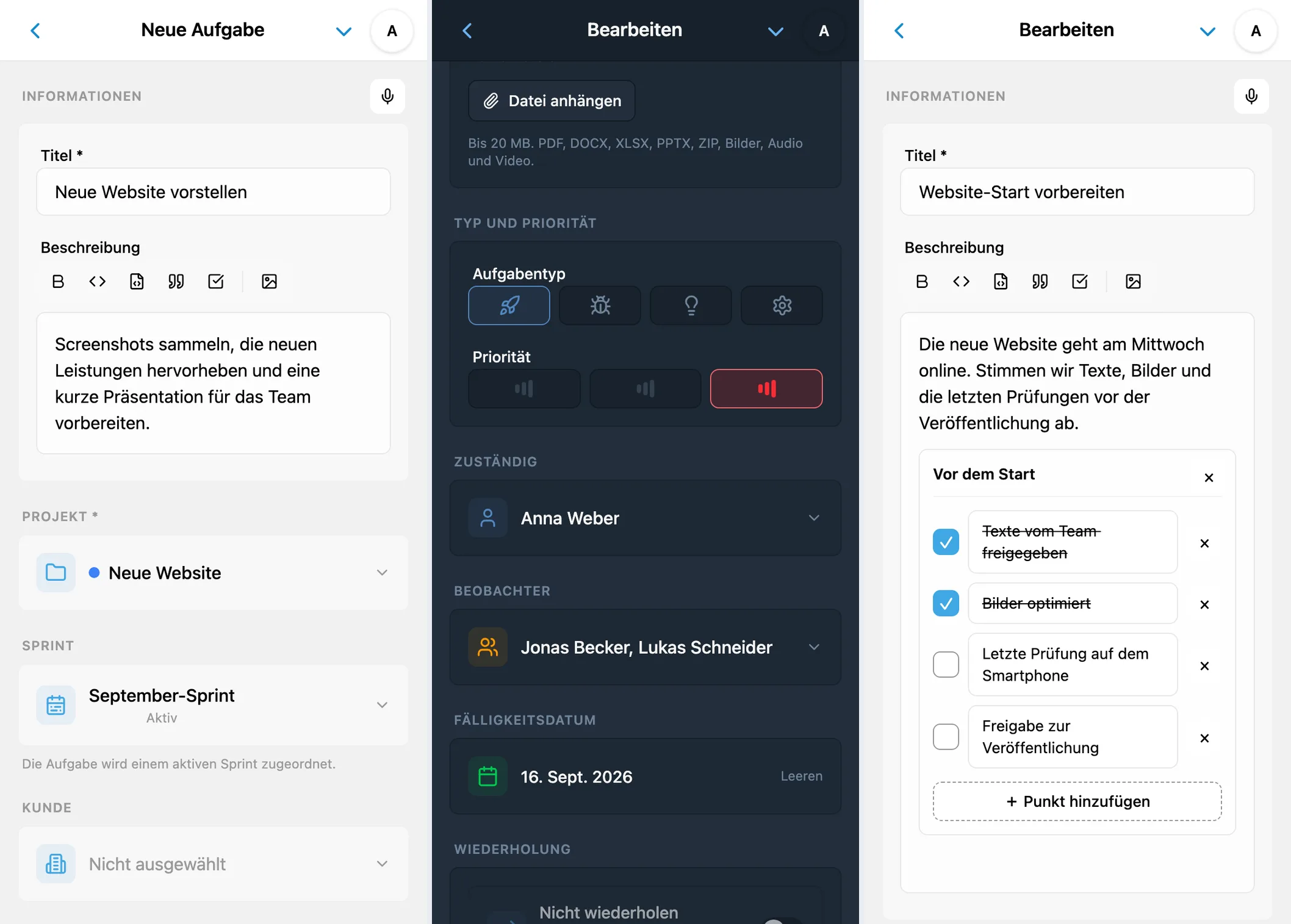 Eine iTasks-Aufgabe erstellen und bearbeiten: ausgefülltes Formular, zusätzliche Felder und eine vorhandene Aufgabe im Bearbeitungsmodus