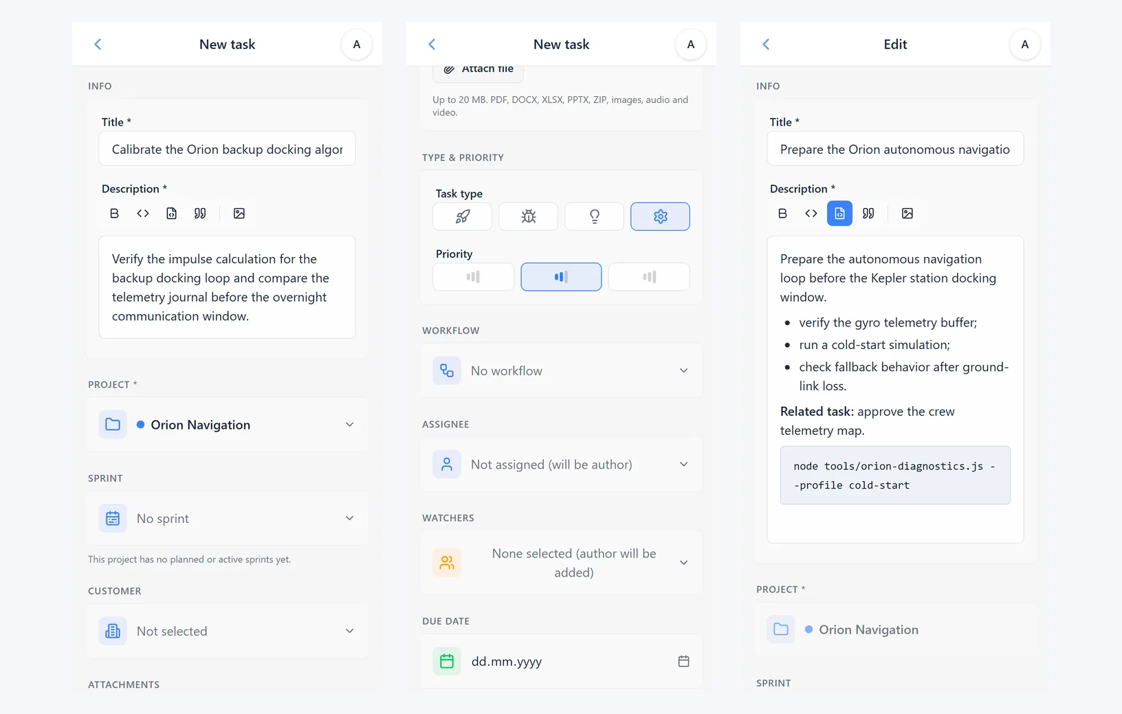 Creating and editing an iTasks task: filled form, additional fields, and an existing task in edit mode