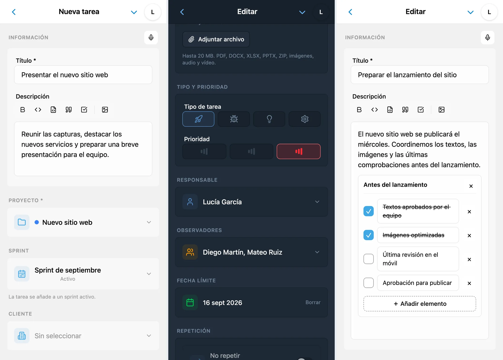 Creación y edición de una tarea de iTasks: formulario completo, campos adicionales y una tarea existente en edición