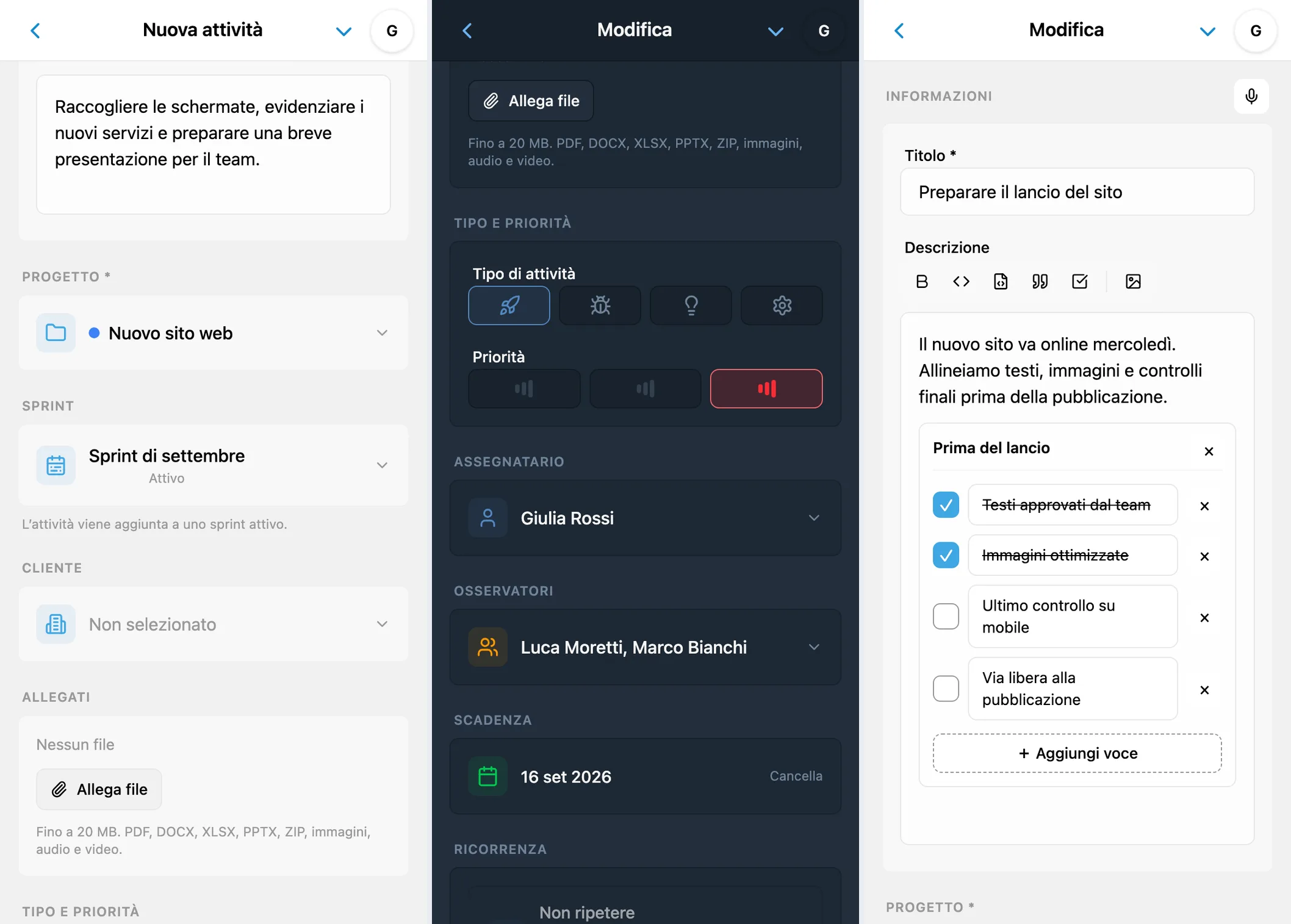 Creazione e modifica di un’attività iTasks: modulo compilato, campi aggiuntivi e modifica di un’attività esistente