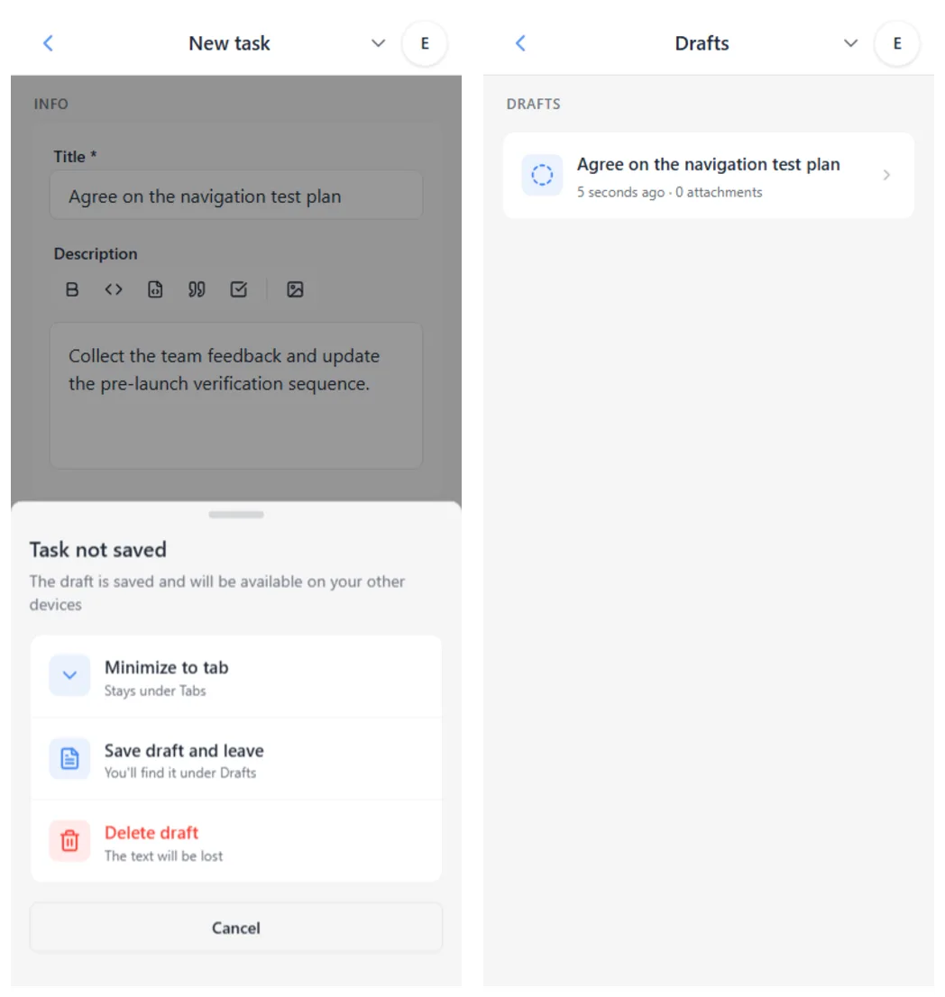 iTasks task drafts: the choices you get when leaving an unfinished task, and the list of saved drafts