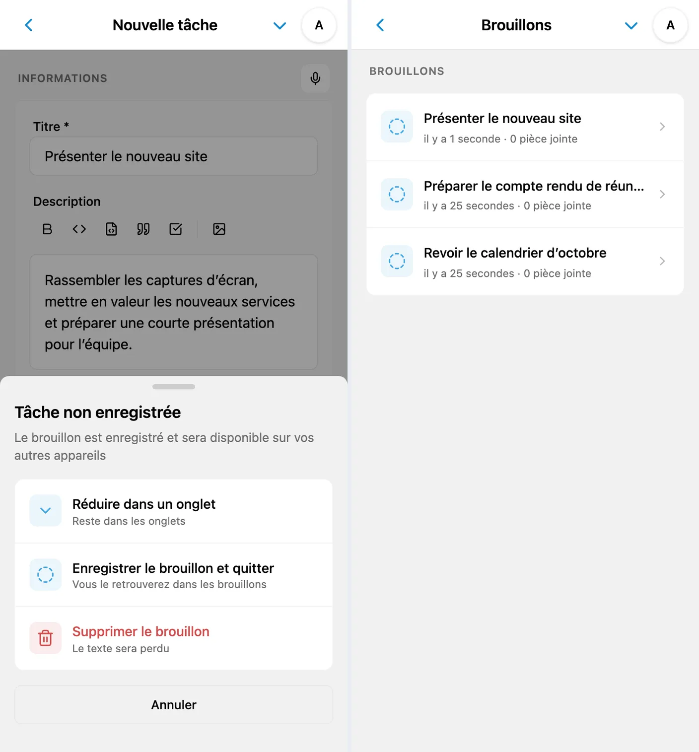 Sortie d’un formulaire inachevé et liste des brouillons synchronisés