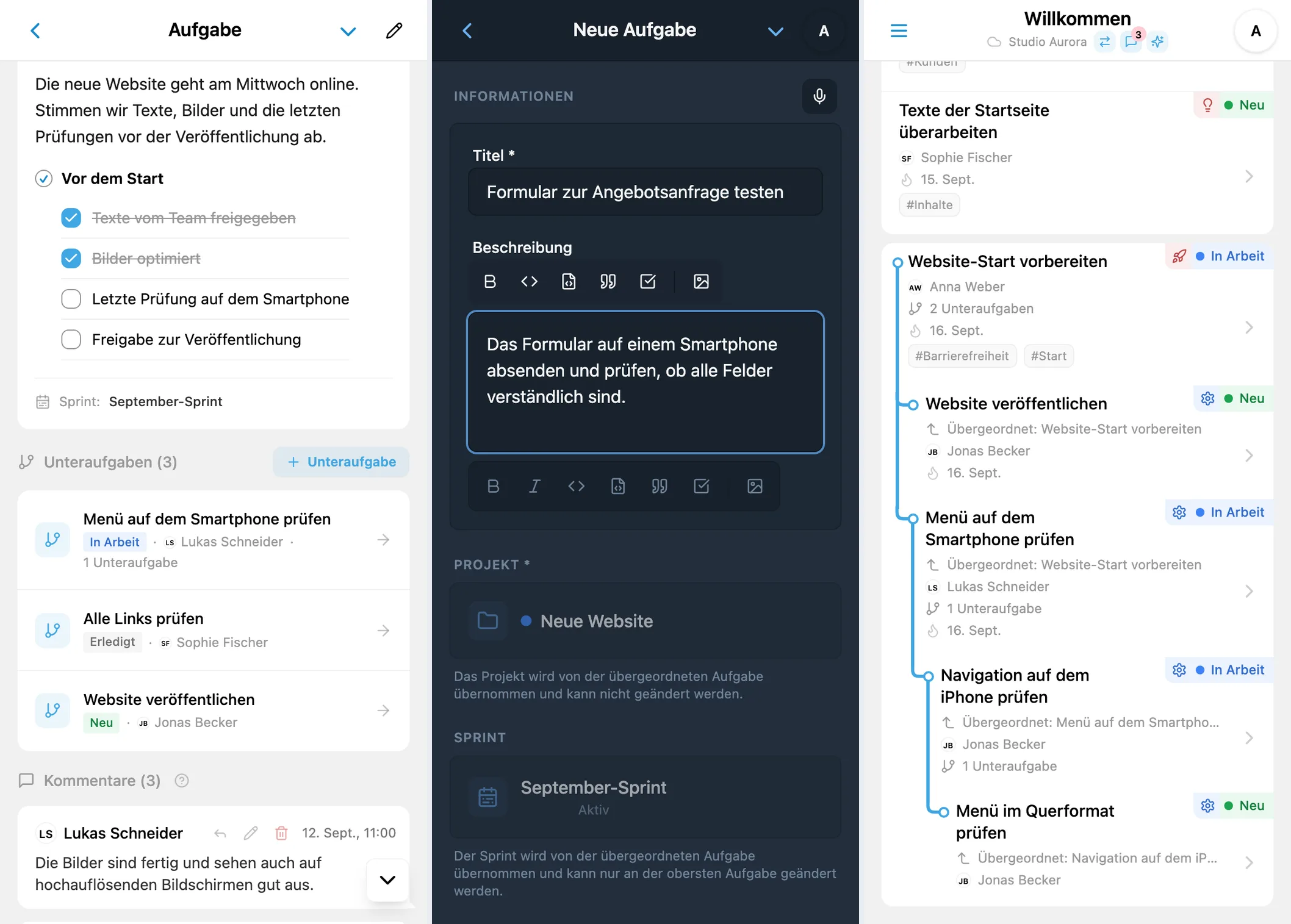 Unteraufgaben in iTasks: Liste in den Aufgabendetails, neue Unteraufgabe und Projektbaum mit mehreren Ebenen