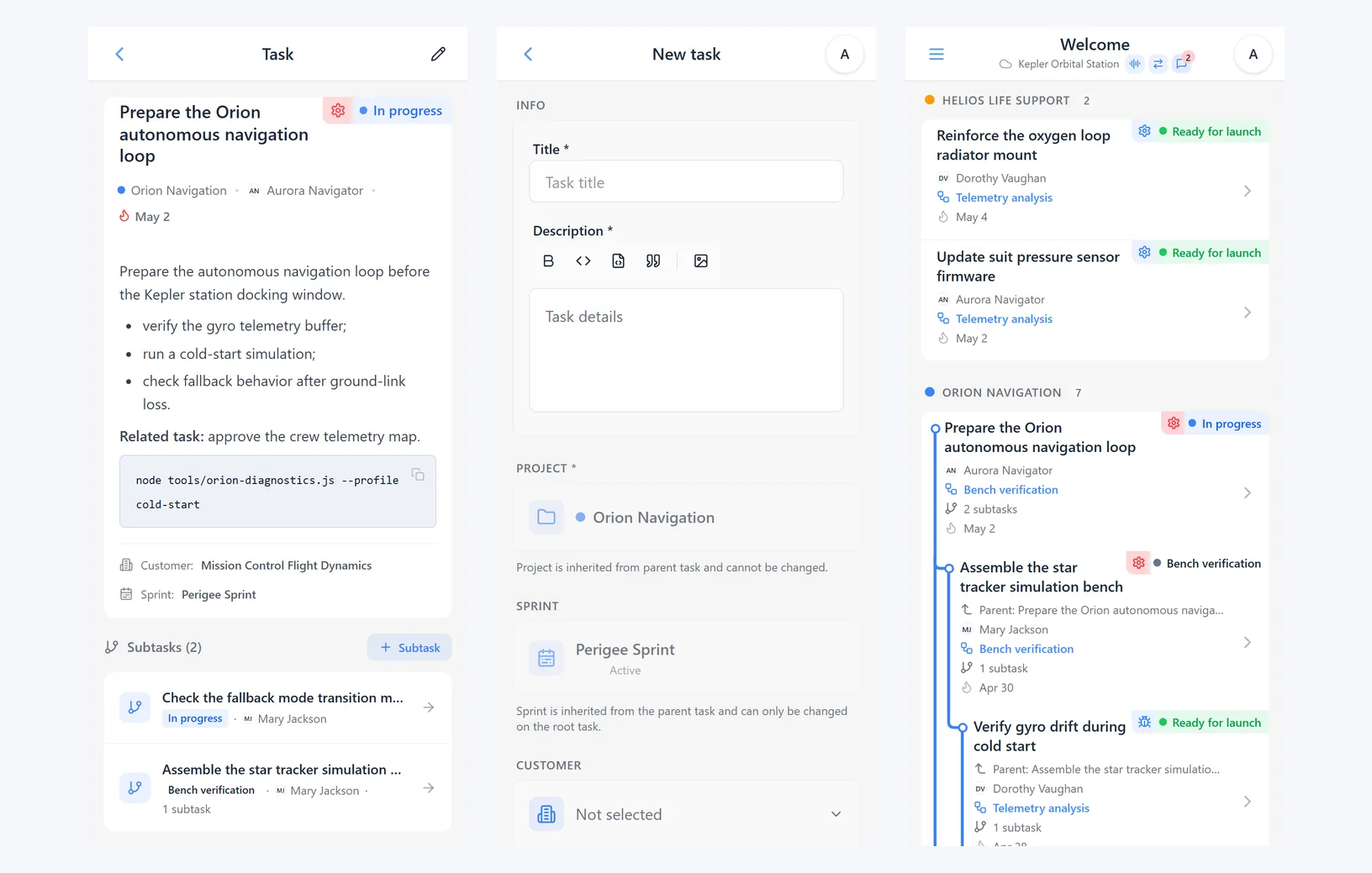 iTasks subtasks: subtask list in task details, child task creation, and project tree with multiple nesting levels