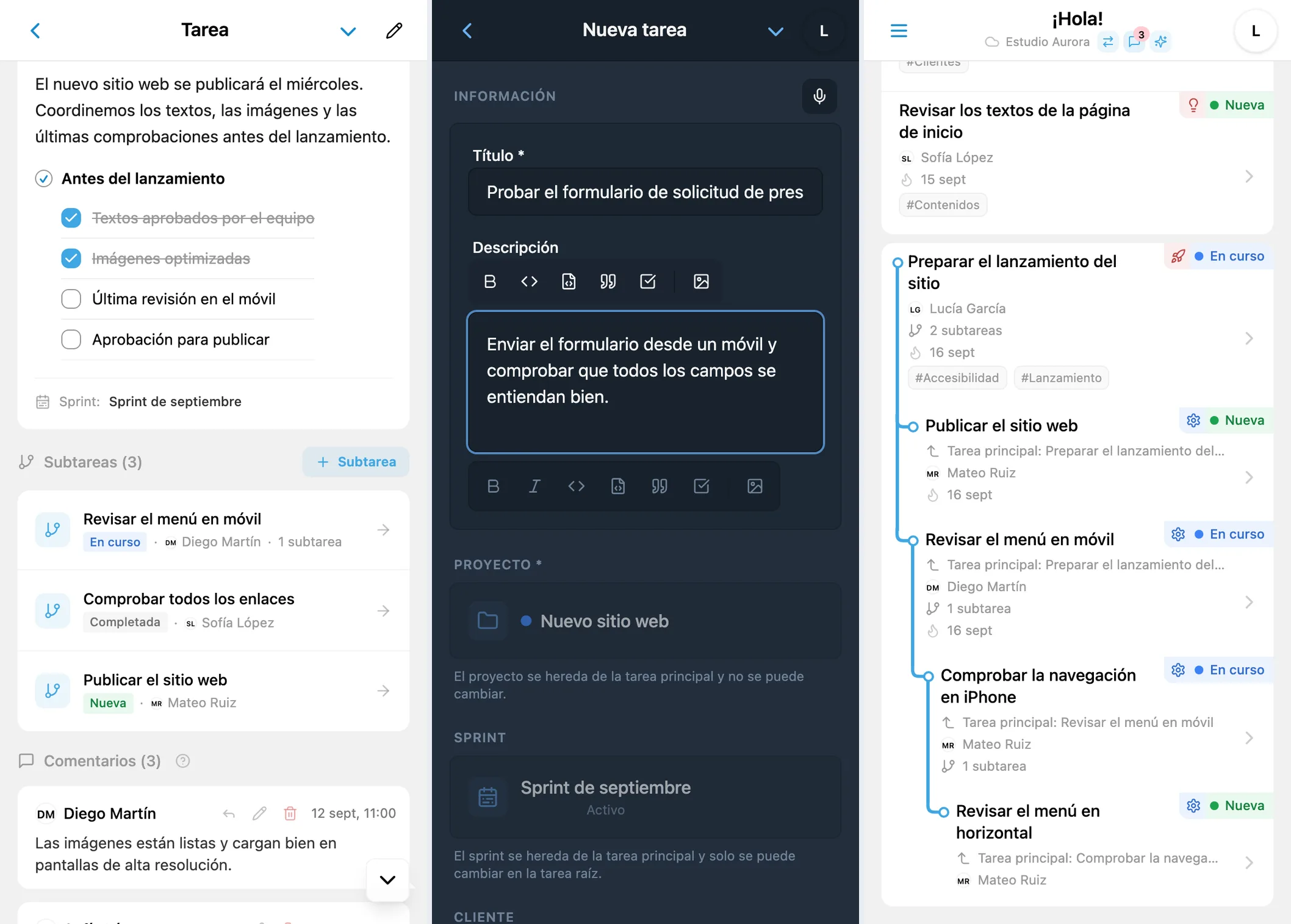 Subtareas de iTasks: lista en la ficha, creación de una subtarea y árbol de proyectos con varios niveles