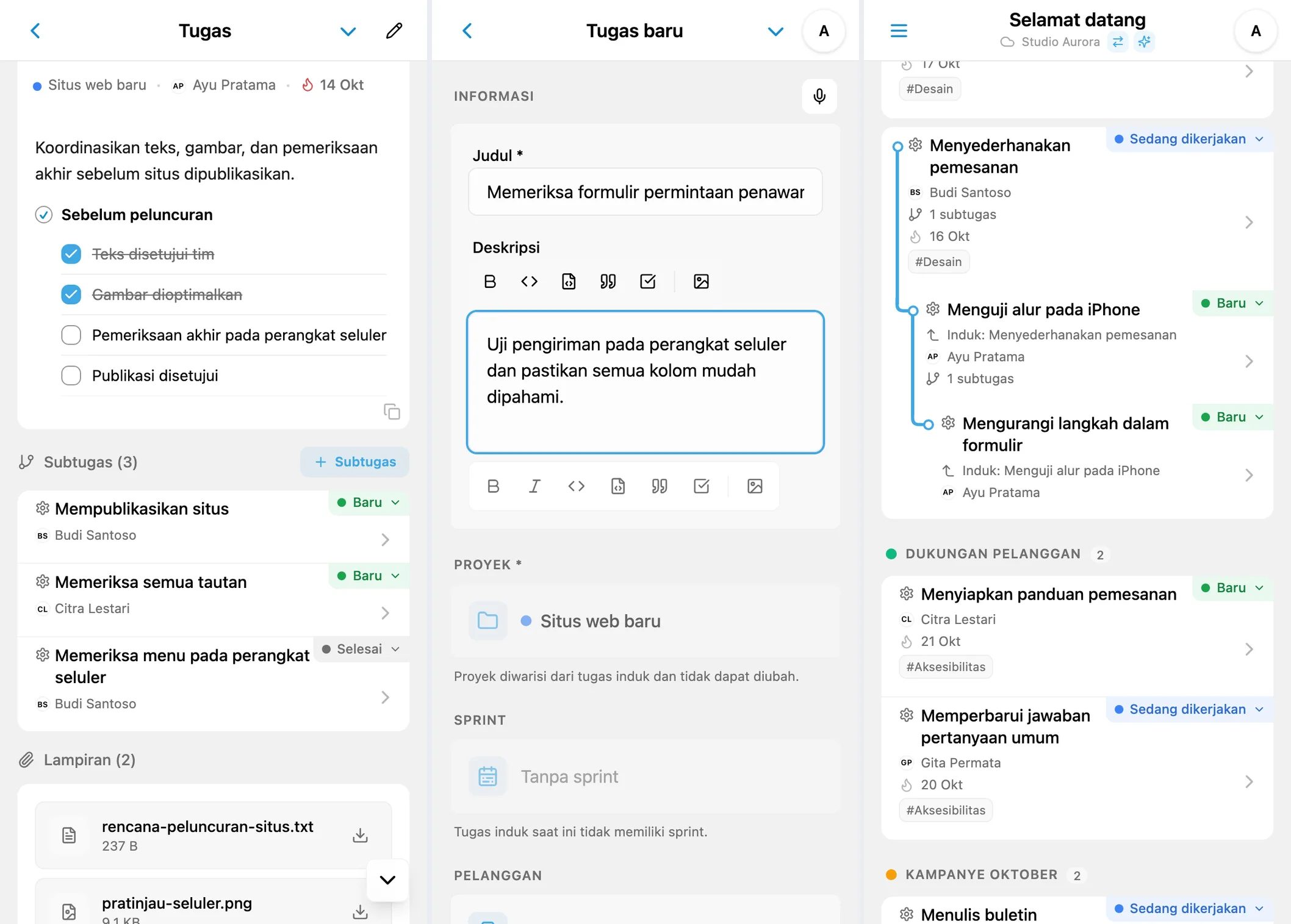 Subtugas iTasks: daftar, pembuatan subtugas, dan pohon bertingkat