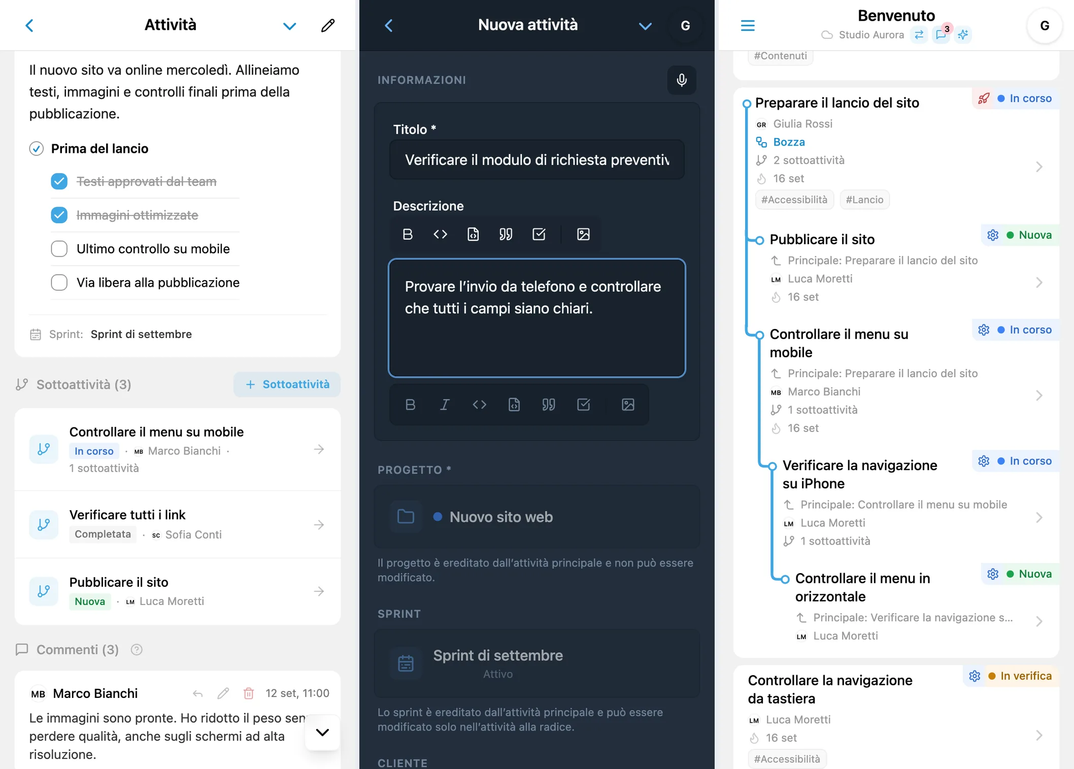 Sottoattività in iTasks: elenco nei dettagli, creazione di una sottoattività e albero del progetto con più livelli