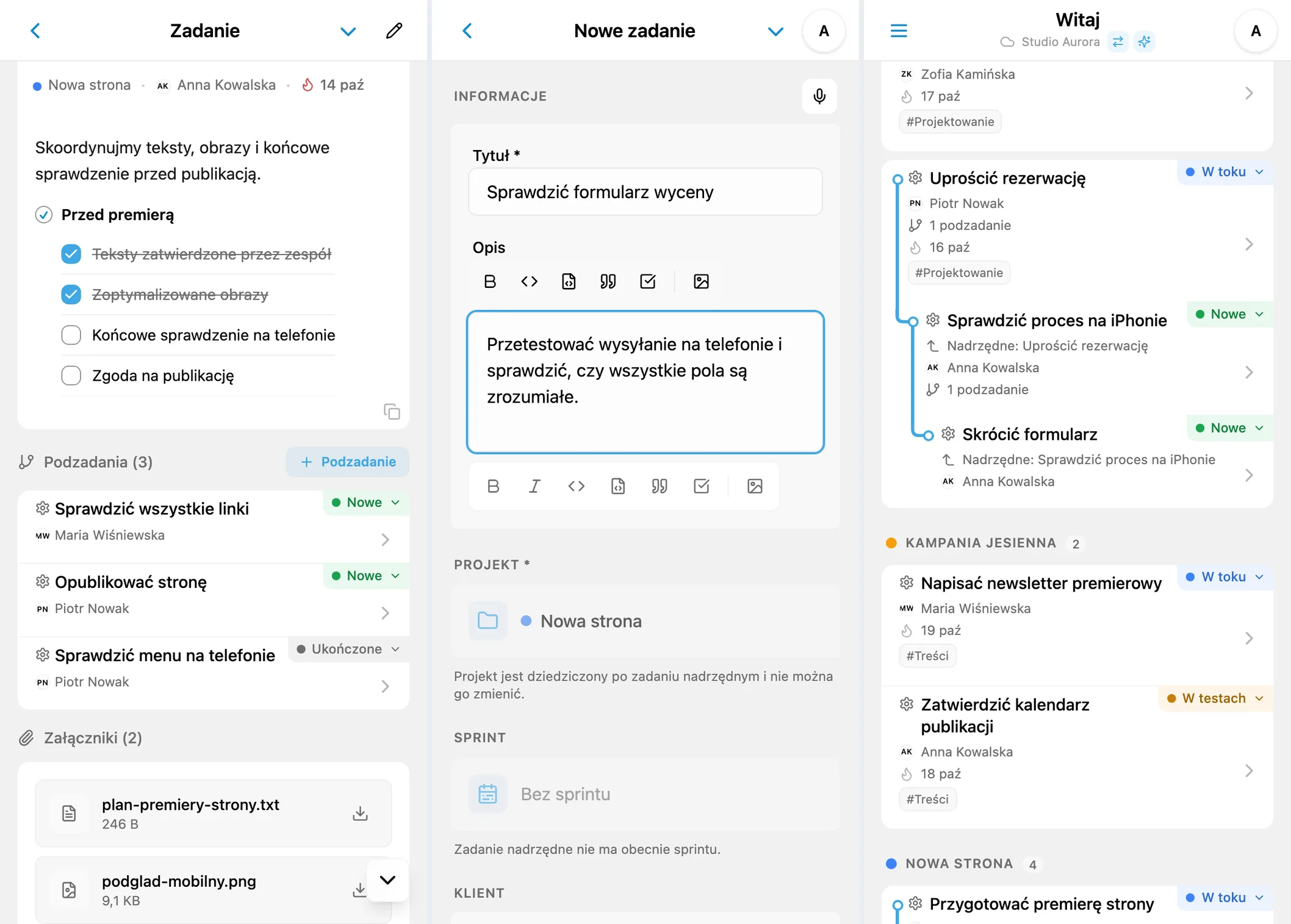 Podzadania iTasks: lista, tworzenie podzadania i wielopoziomowe drzewo