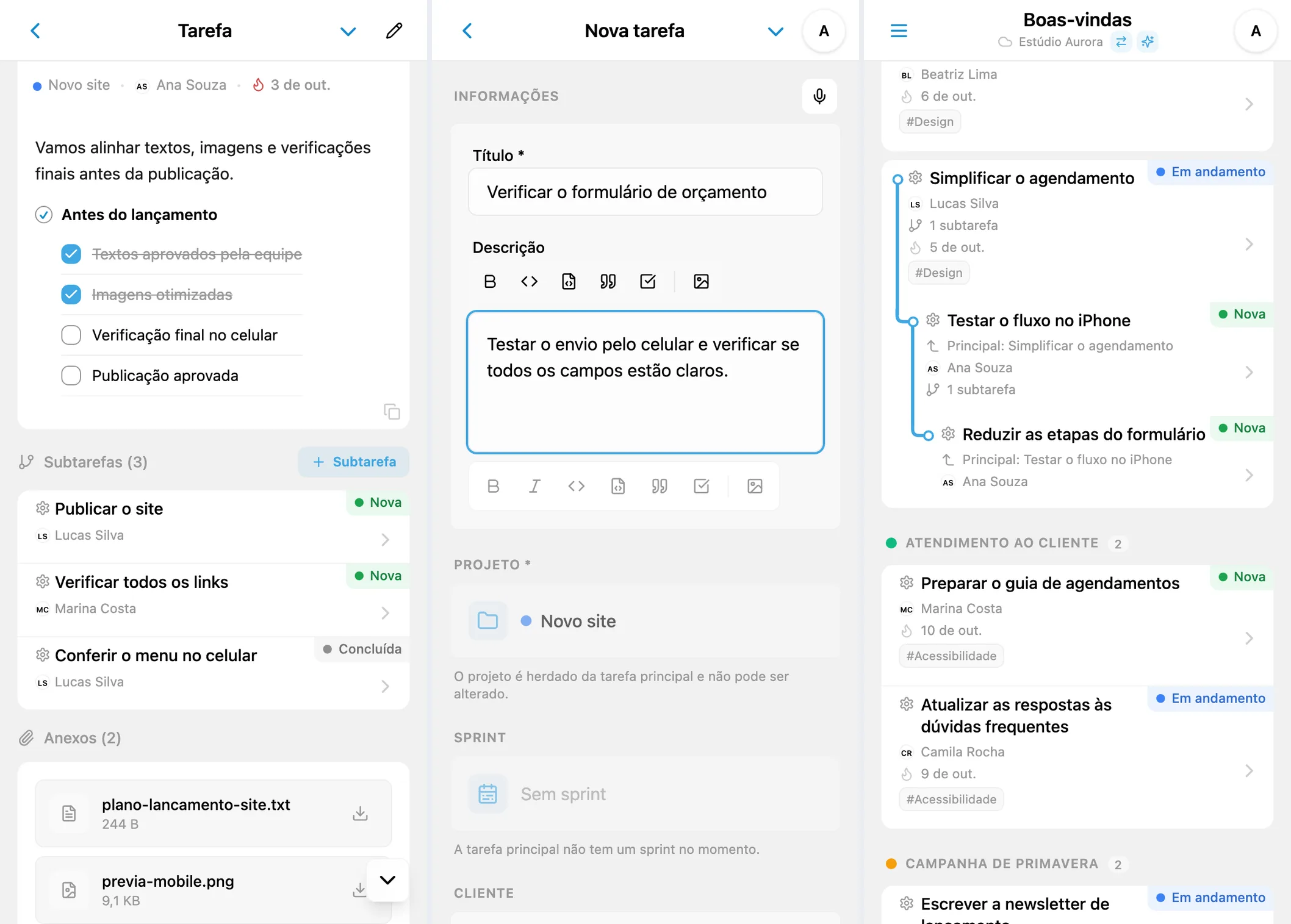 Subtarefas do iTasks: lista nos detalhes, criação de uma subtarefa e árvore com vários níveis