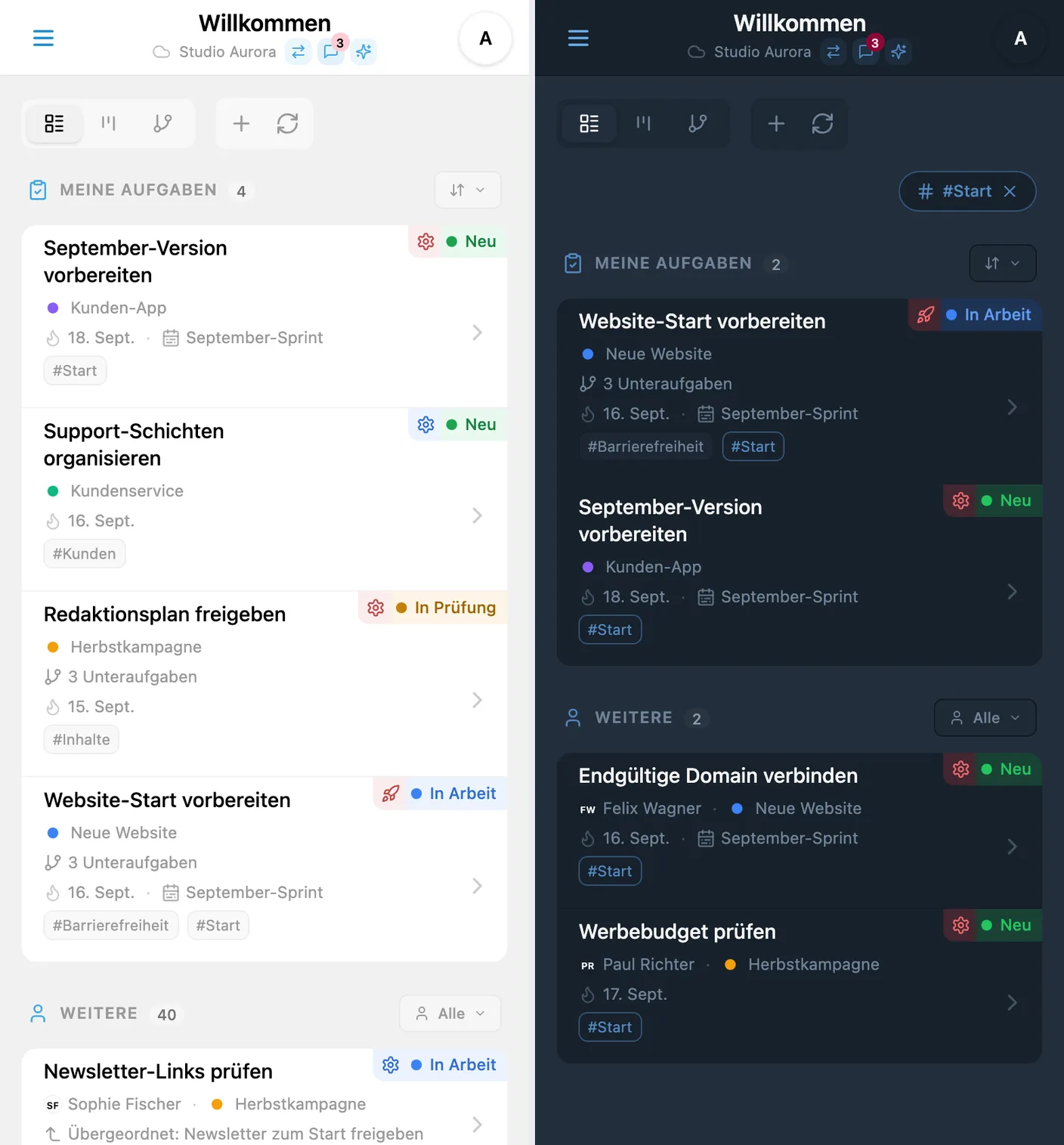 Schnellfilter mit Tags in iTasks: markierte Aufgabenkarten und gefilterte Liste nach der Tagauswahl