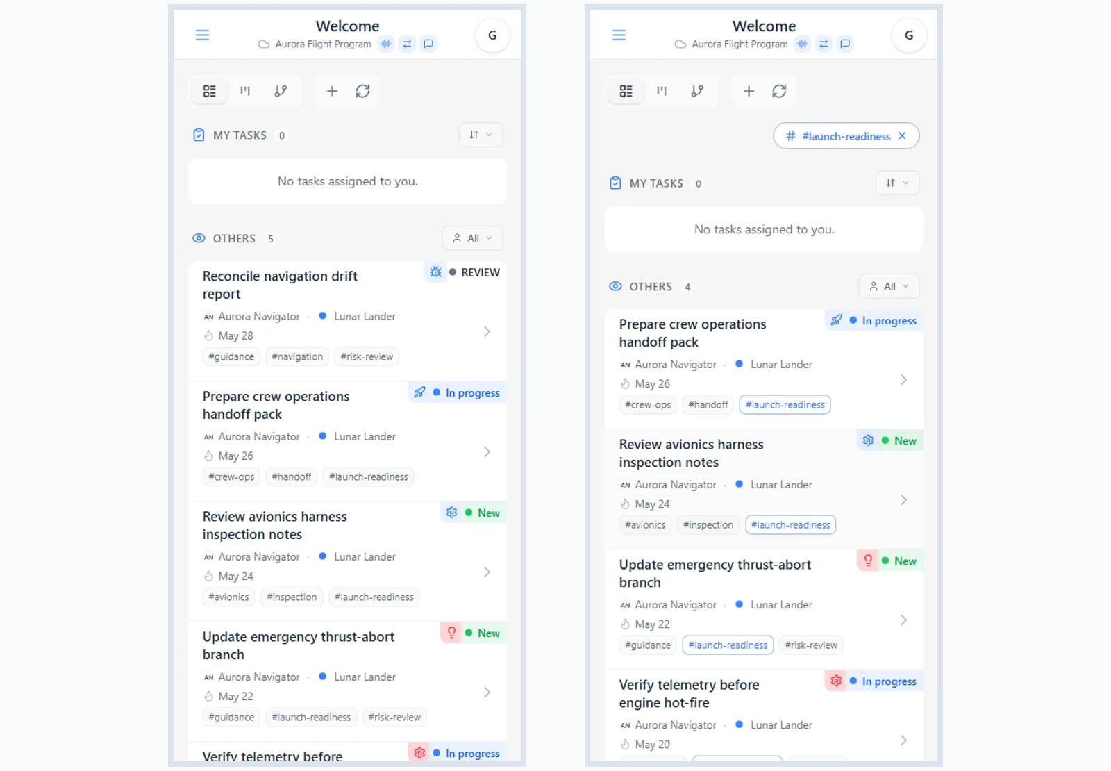 Quick tag filtering in iTasks: task cards with tags and the filtered list after selecting a tag