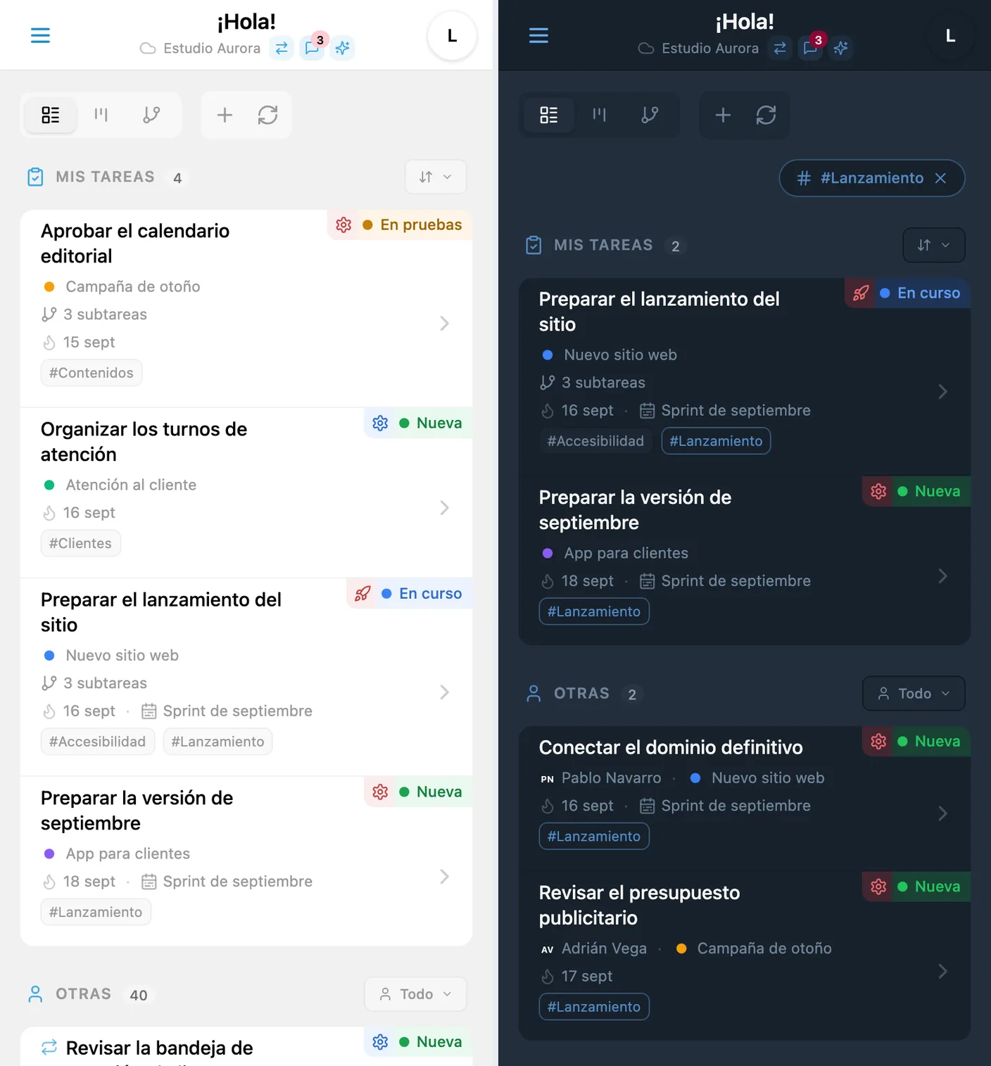 Filtro rápido por etiqueta en iTasks: tarjetas etiquetadas y lista filtrada al seleccionar una etiqueta